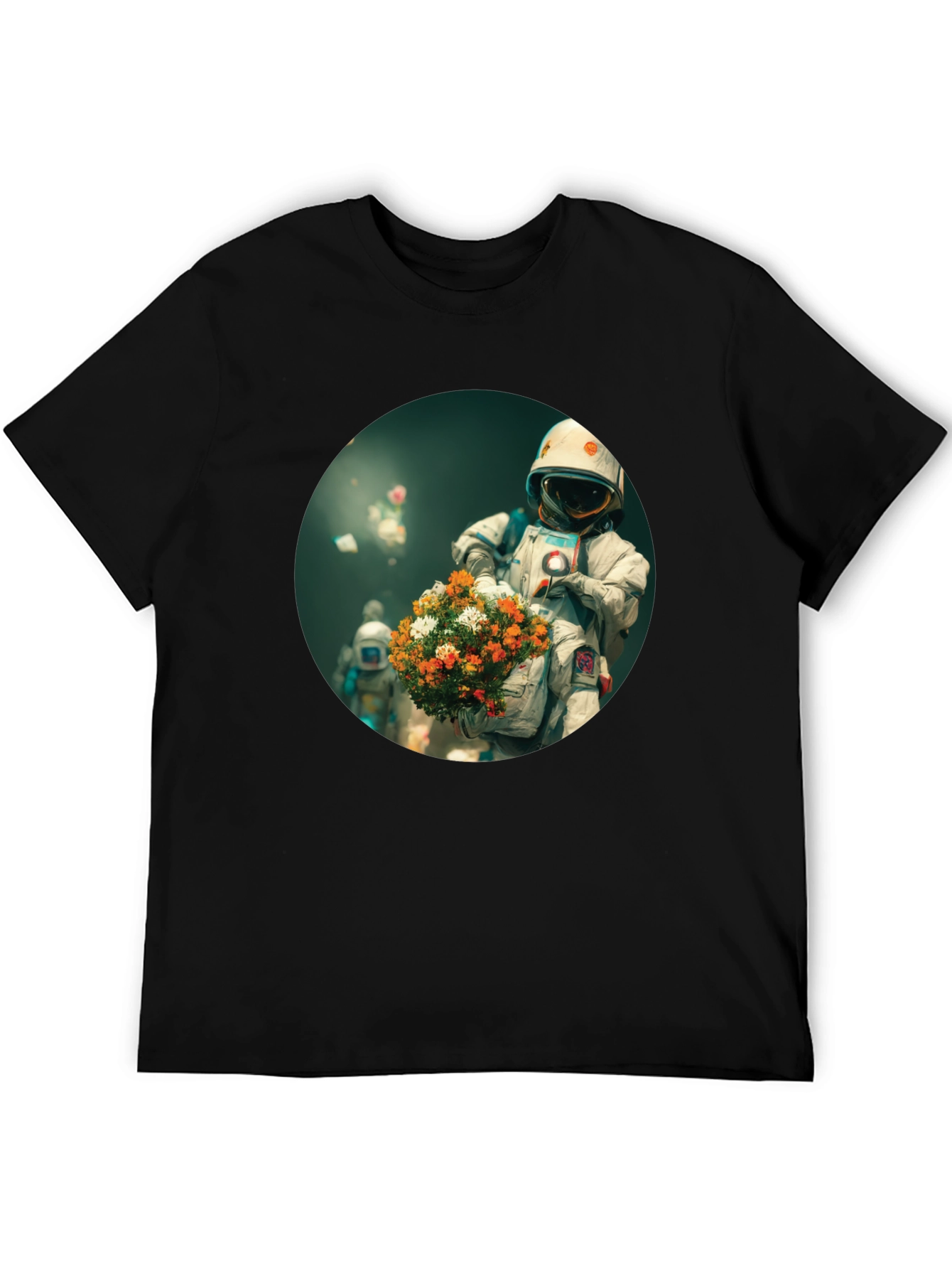 Astronaut with Flowers Graphic Tee - Black