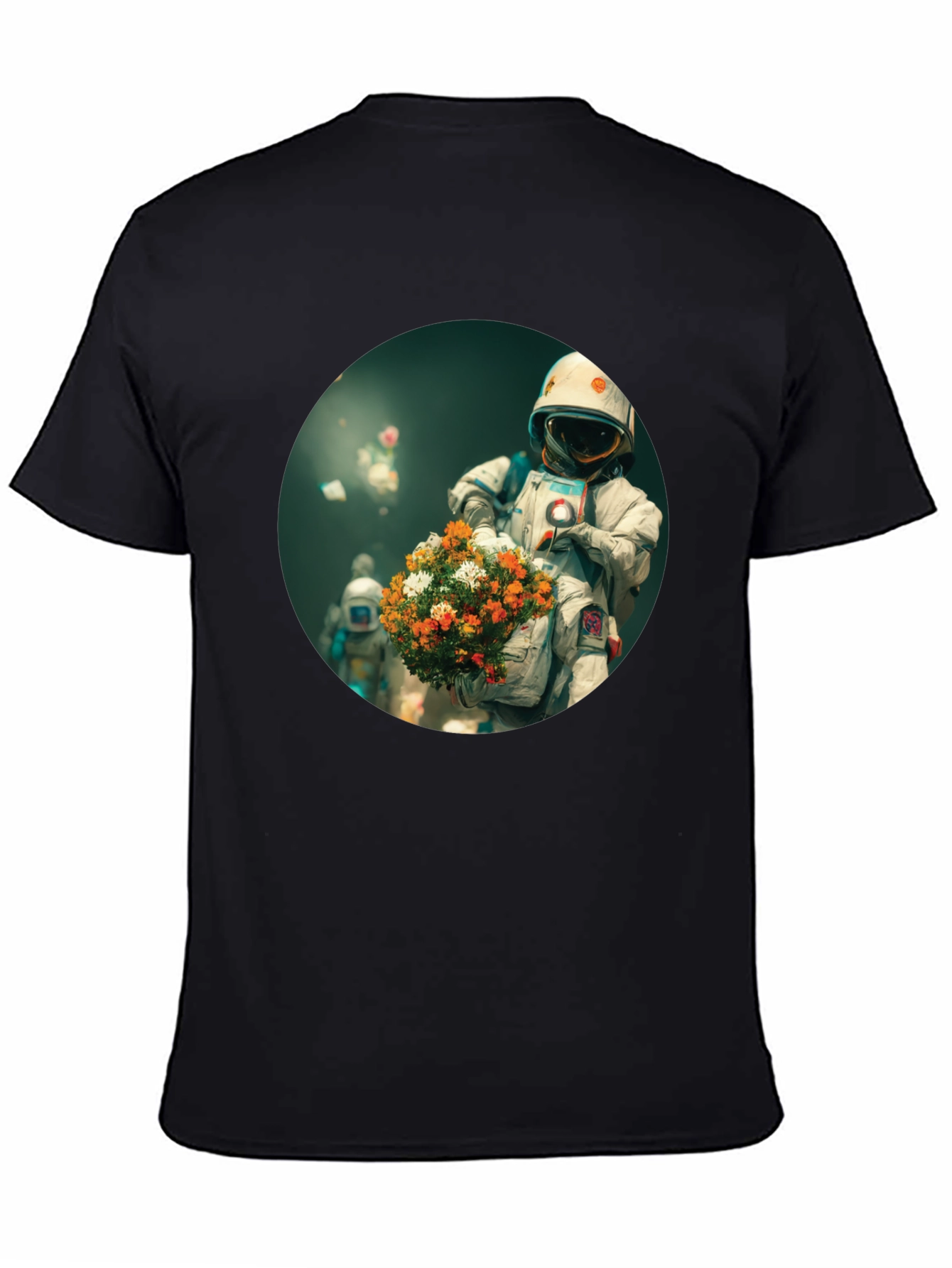 Astronaut with Flowers Graphic Tee - Black