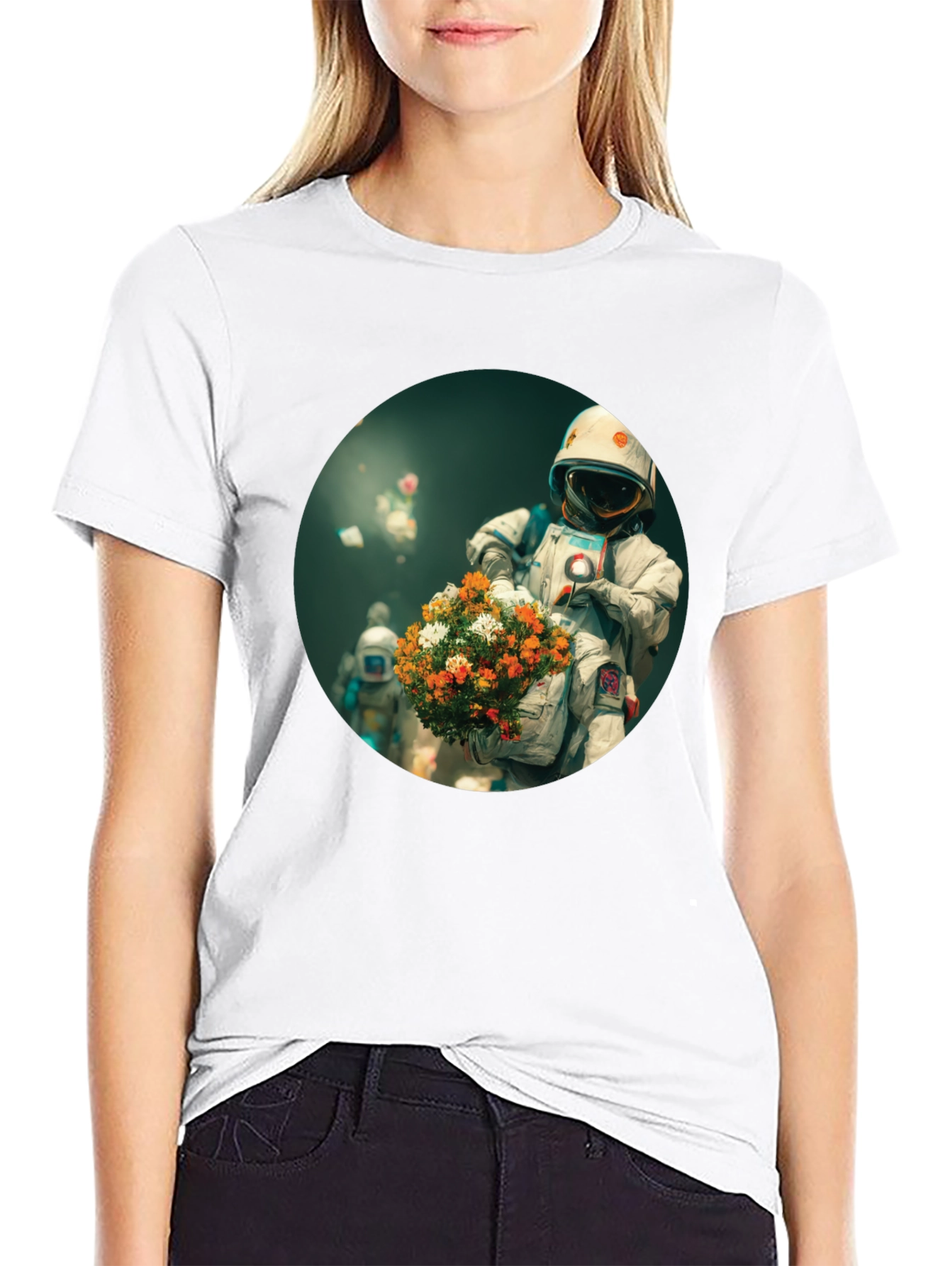 Astronaut with Flowers Graphic Tee - Black