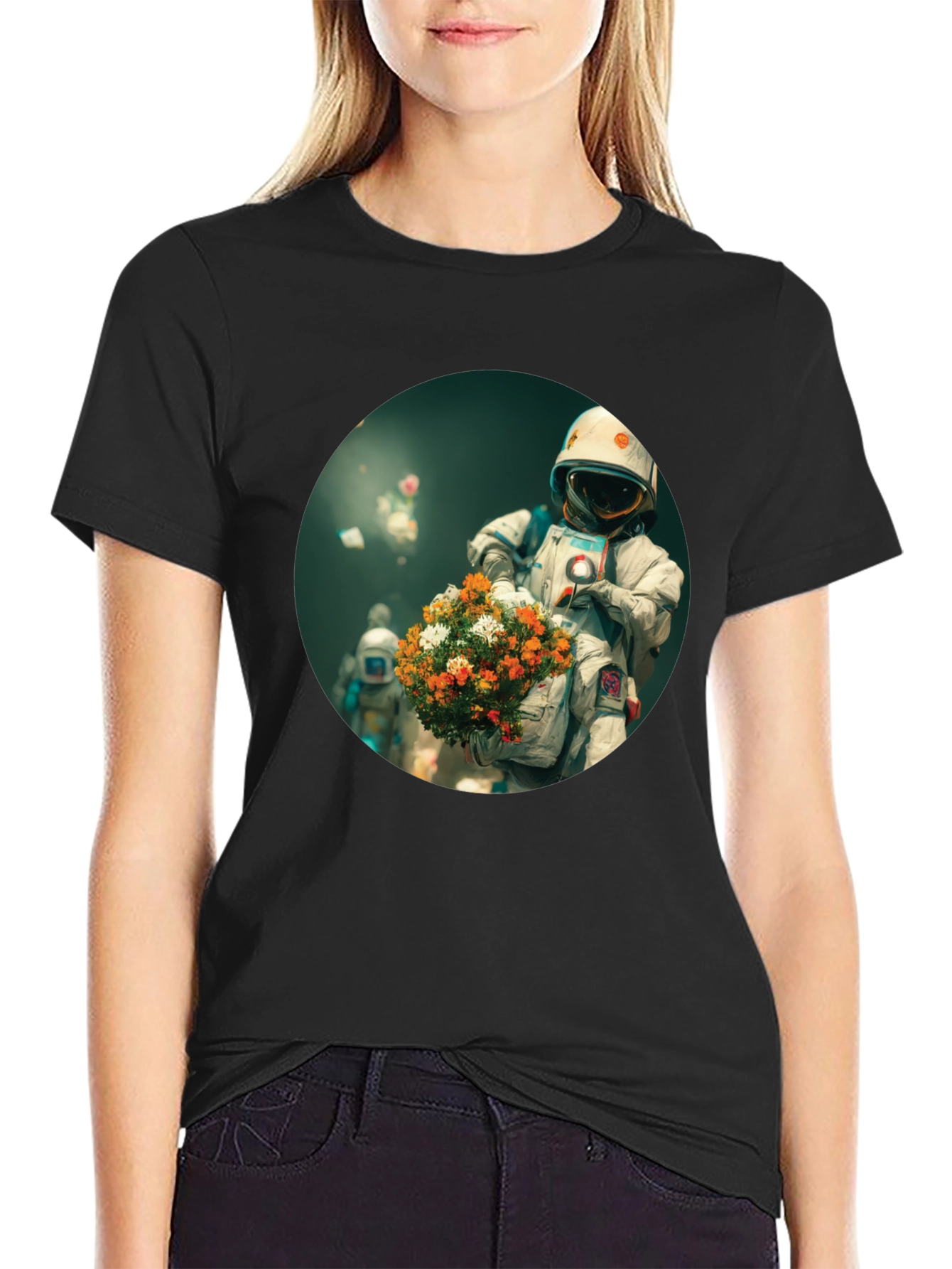 Astronaut with Flowers Graphic Tee - Black