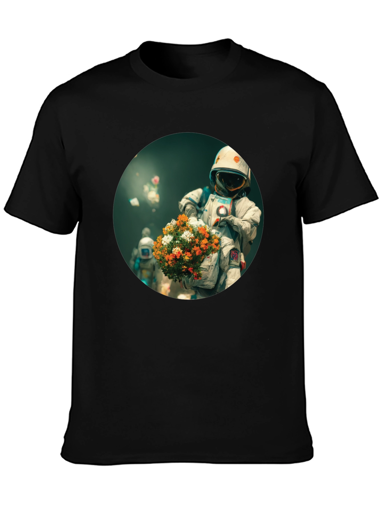 Astronaut with Flowers Graphic Tee - Black