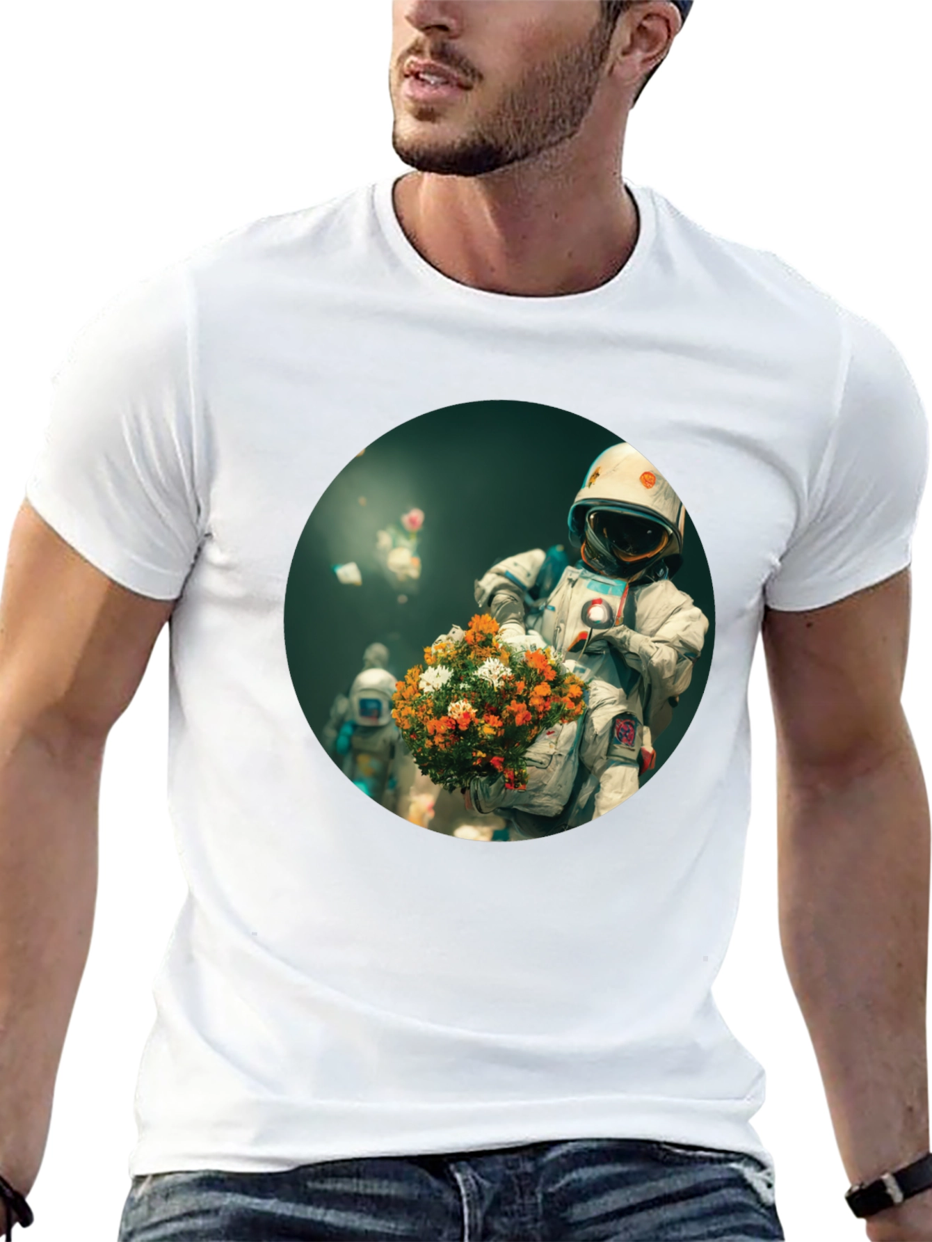 Astronaut with Flowers Graphic Tee - Black
