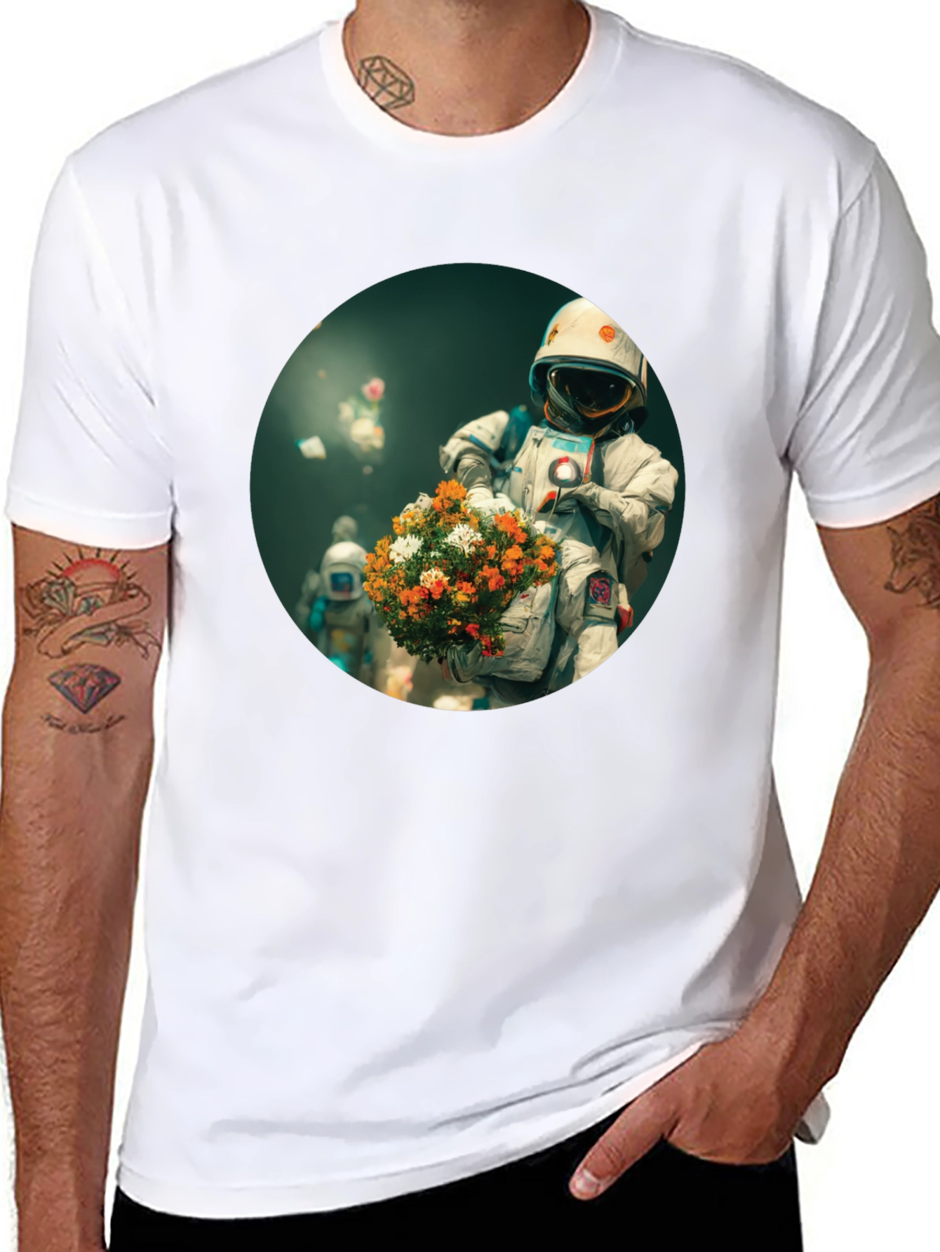 Astronaut with Flowers Graphic Tee - Black