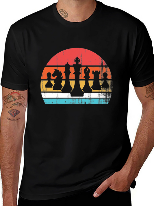 Retro Chess Piece Sunset Graphic Tee - Classic Board Game Style