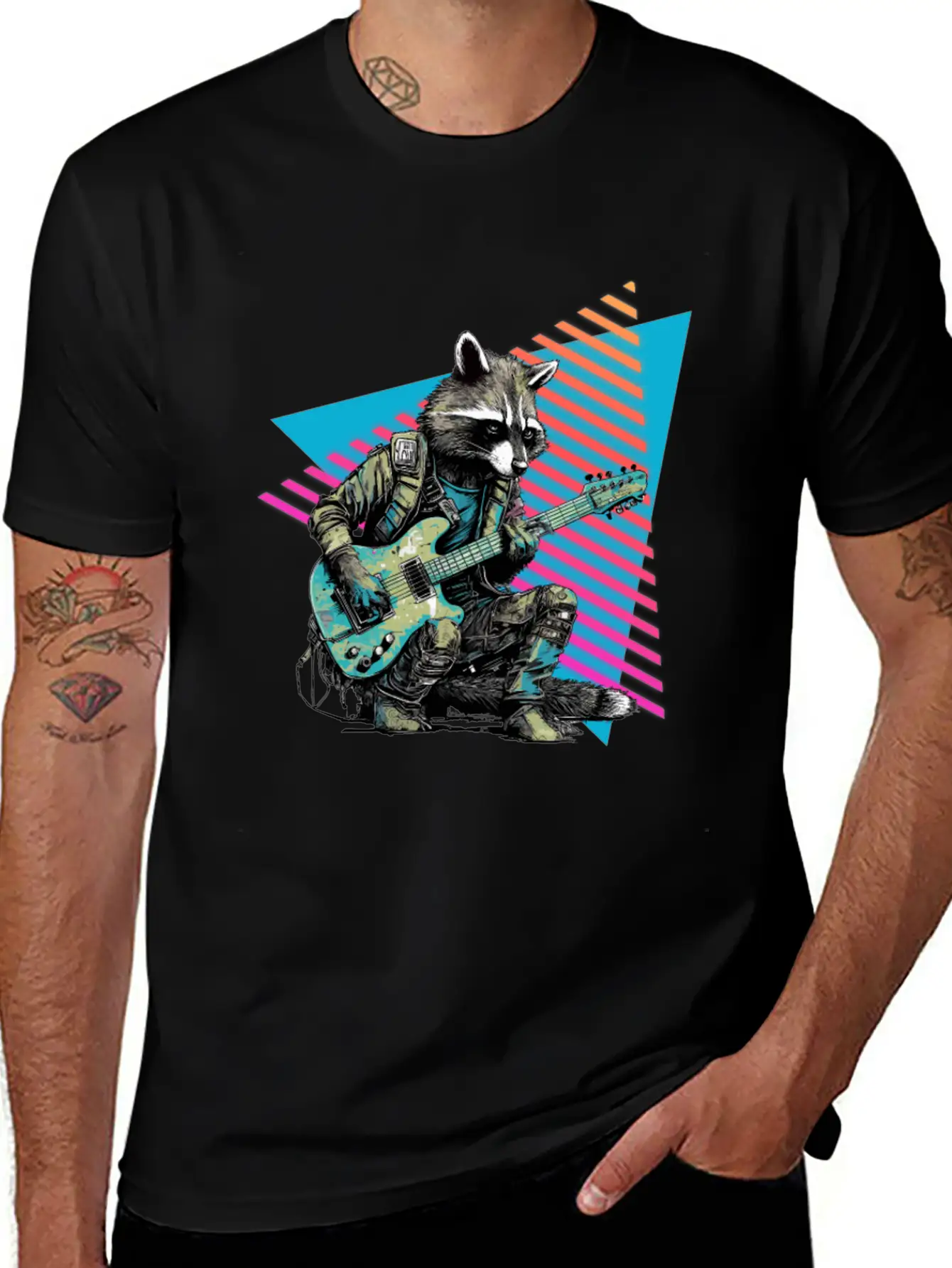 Raccoon Playing Guitar 80s 90s Basic Graphic T-Shirt – Daily Comfort In Soft Cotton