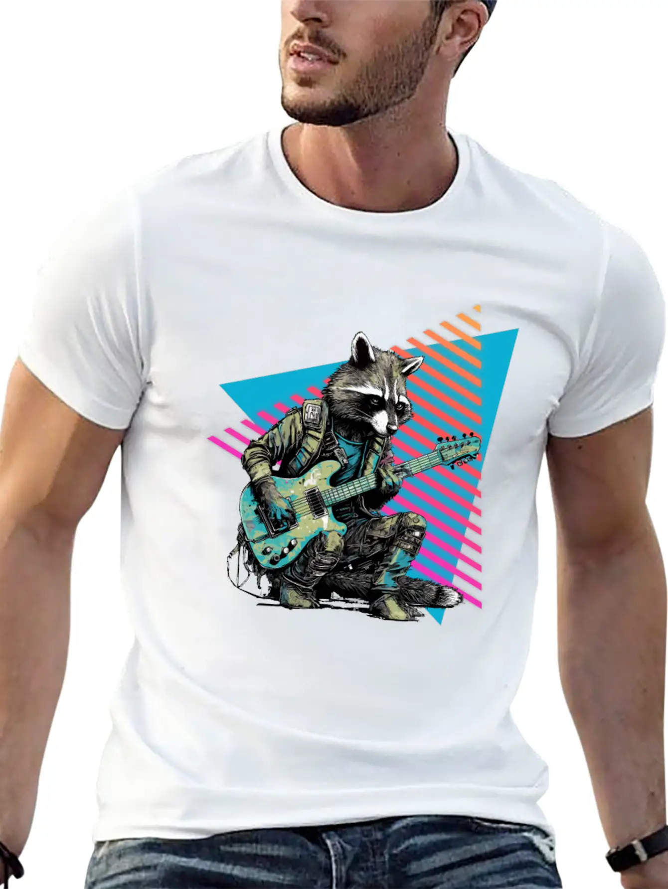 Raccoon Playing Guitar 80s 90s Basic Graphic T-Shirt – Daily Comfort In Soft Cotton