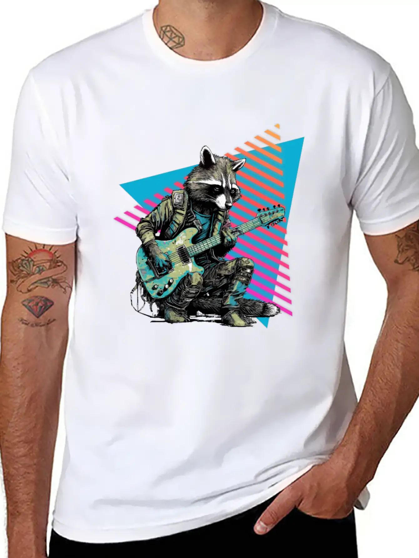 Raccoon Playing Guitar 80s 90s Basic Graphic T-Shirt – Daily Comfort In Soft Cotton