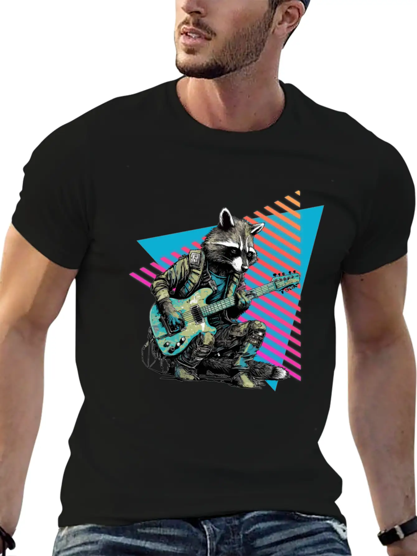 Raccoon Playing Guitar 80s 90s Basic Graphic T-Shirt – Daily Comfort In Soft Cotton