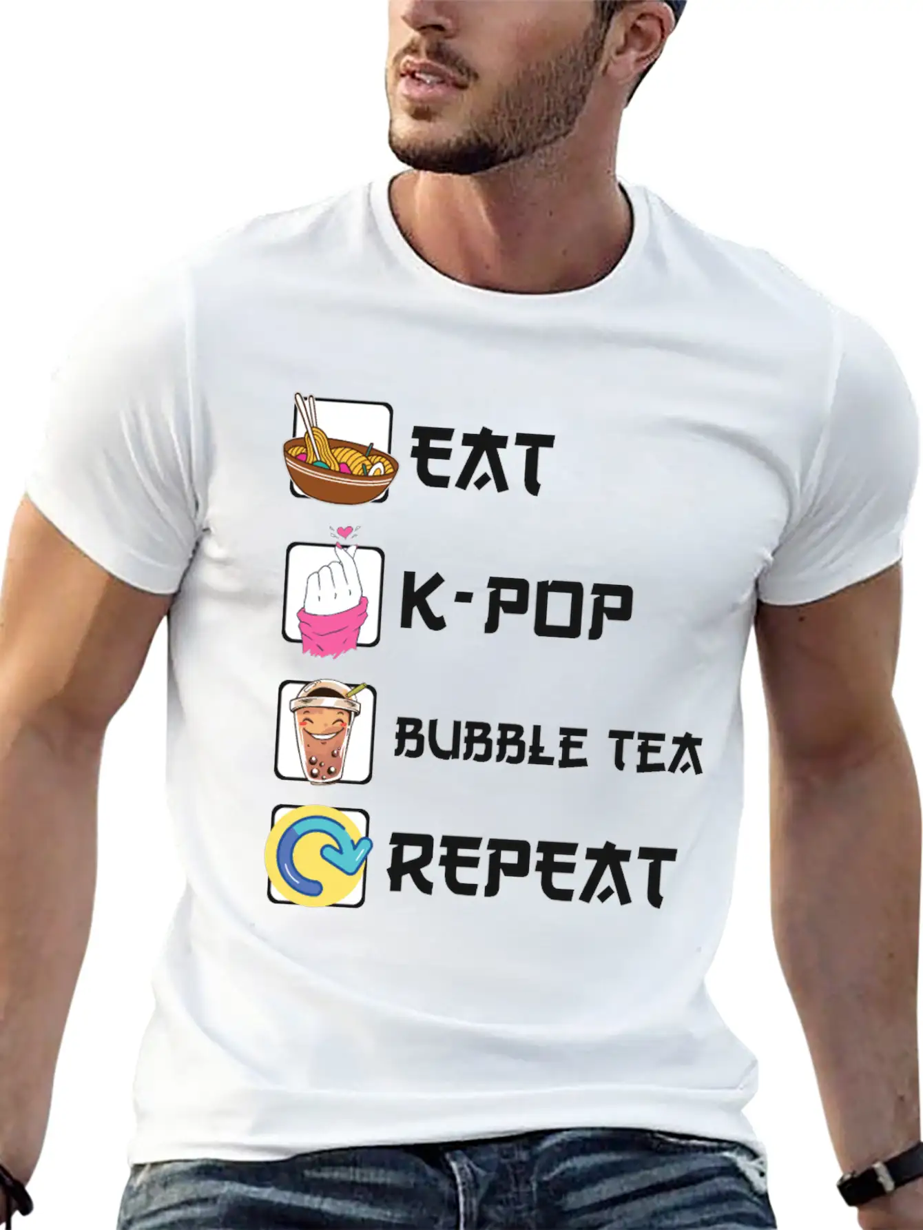 Ramen K-POP Bubble Tea Repeat Korean Music Unisex Short Sleeve Soft Cotton T-Shirt – Casual Everyday Wear