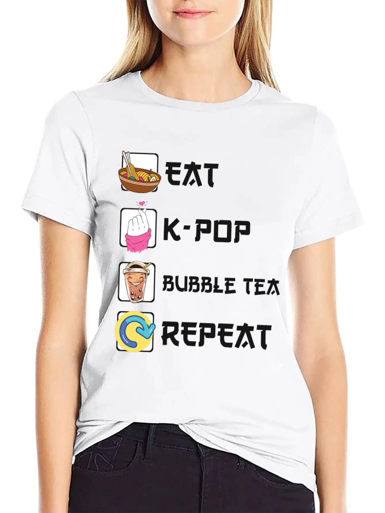 Ramen K-POP Bubble Tea Repeat Korean Music Unisex Short Sleeve Soft Cotton T-Shirt – Casual Everyday Wear