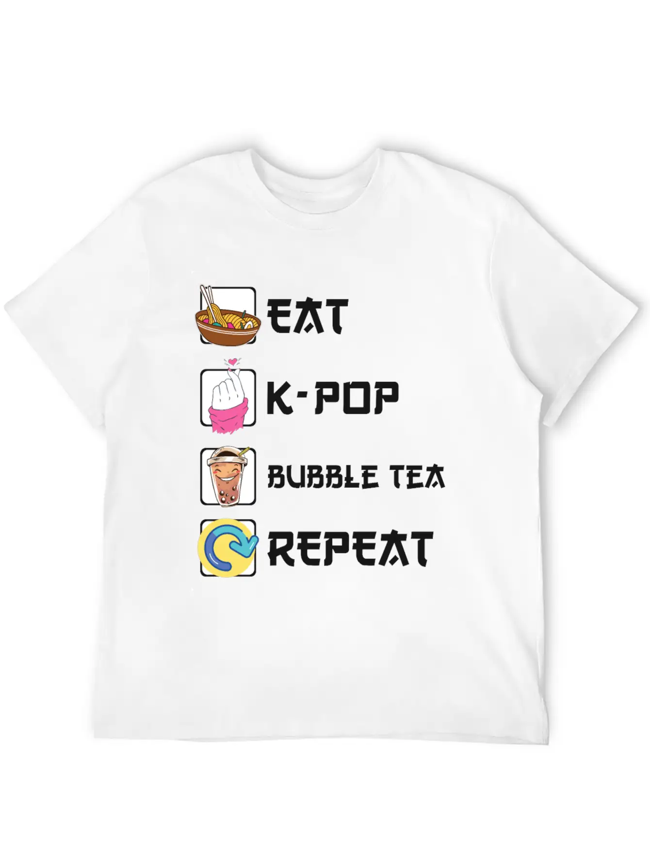 Ramen K-POP Bubble Tea Repeat Korean Music Unisex Short Sleeve Soft Cotton T-Shirt – Casual Everyday Wear