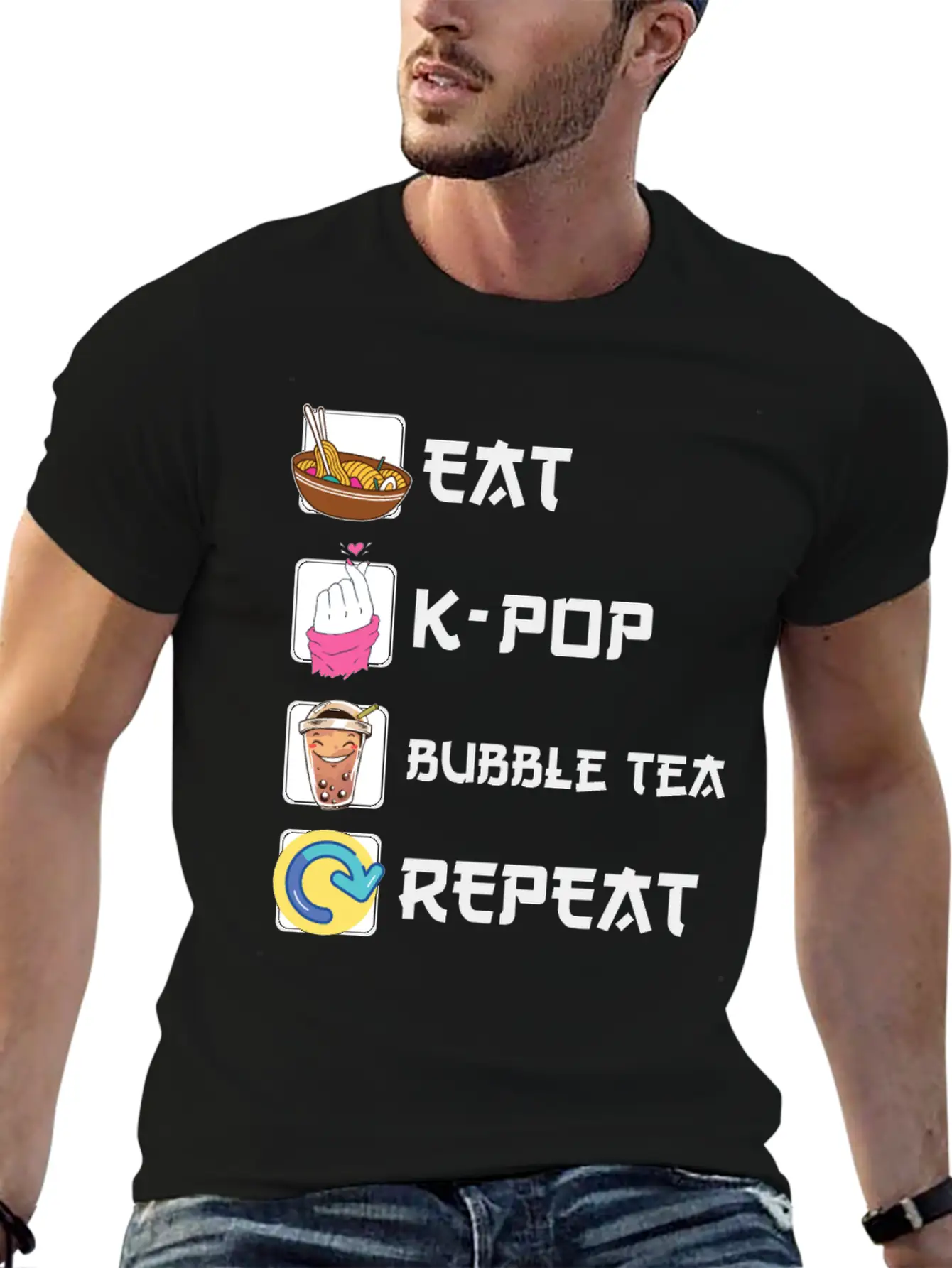 Ramen K-POP Bubble Tea Repeat Korean Music Unisex Short Sleeve Soft Cotton T-Shirt – Casual Everyday Wear