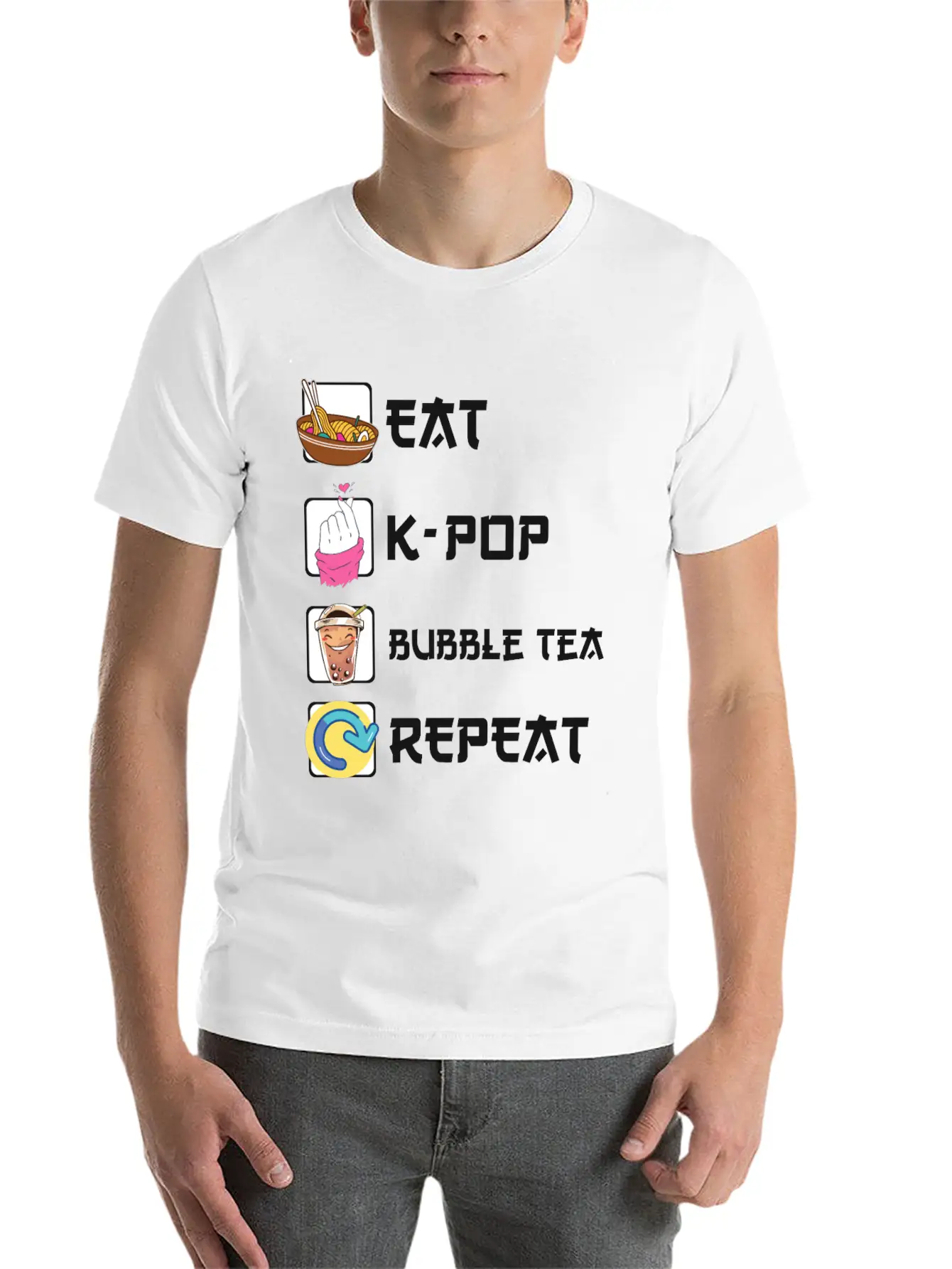 Ramen K-POP Bubble Tea Repeat Korean Music Unisex Short Sleeve Soft Cotton T-Shirt – Casual Everyday Wear
