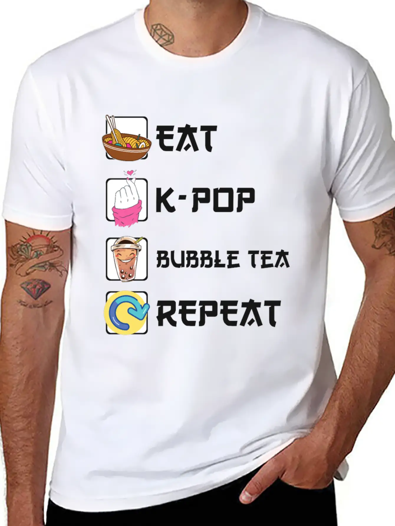 Ramen K-POP Bubble Tea Repeat Korean Music Unisex Short Sleeve Soft Cotton T-Shirt – Casual Everyday Wear