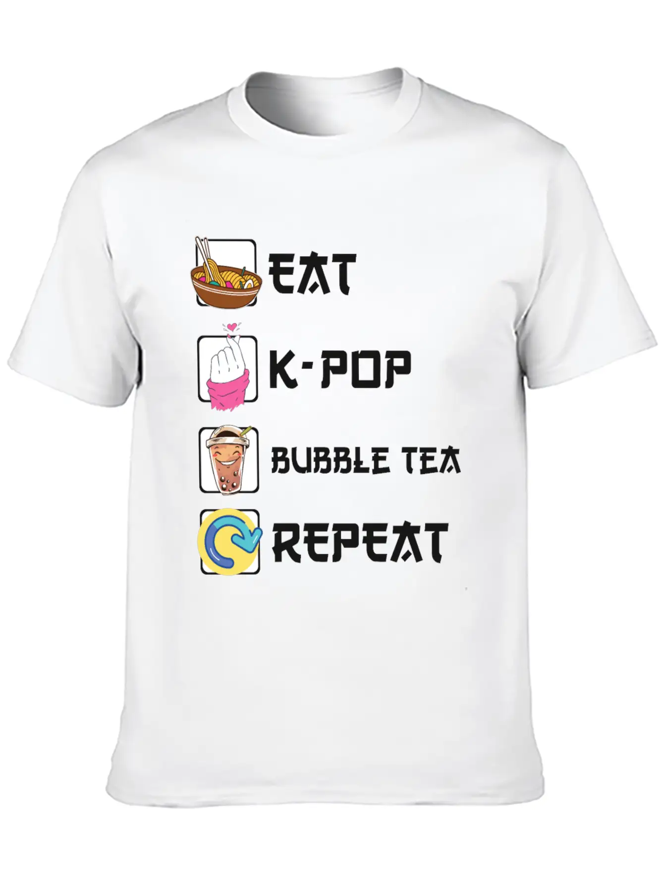 Ramen K-POP Bubble Tea Repeat Korean Music Unisex Short Sleeve Soft Cotton T-Shirt – Casual Everyday Wear