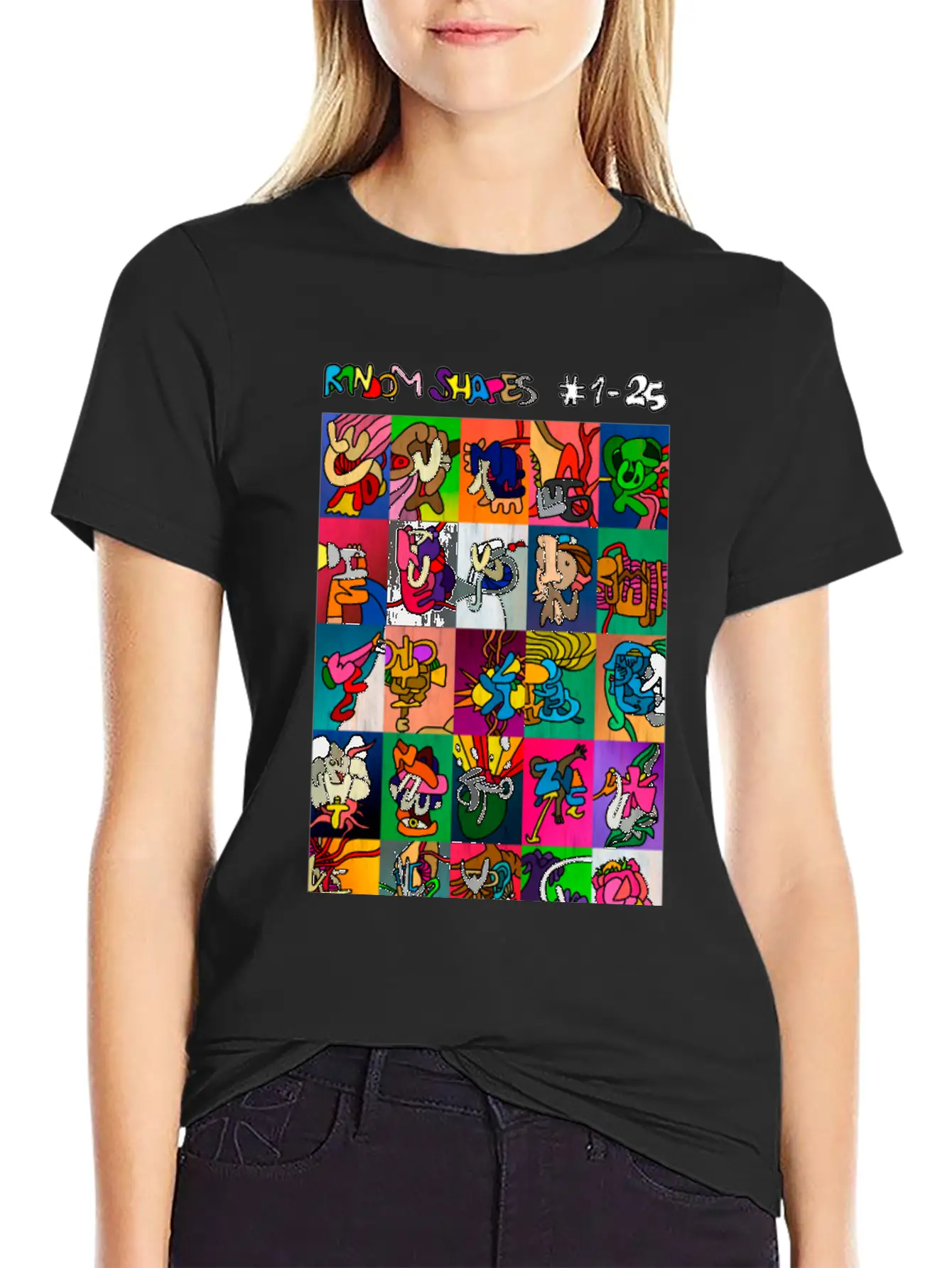 Random Shapes Collage #1-25 (with Text) Stylish Everyday T-Shirt – Unisex Basic Cotton Tee