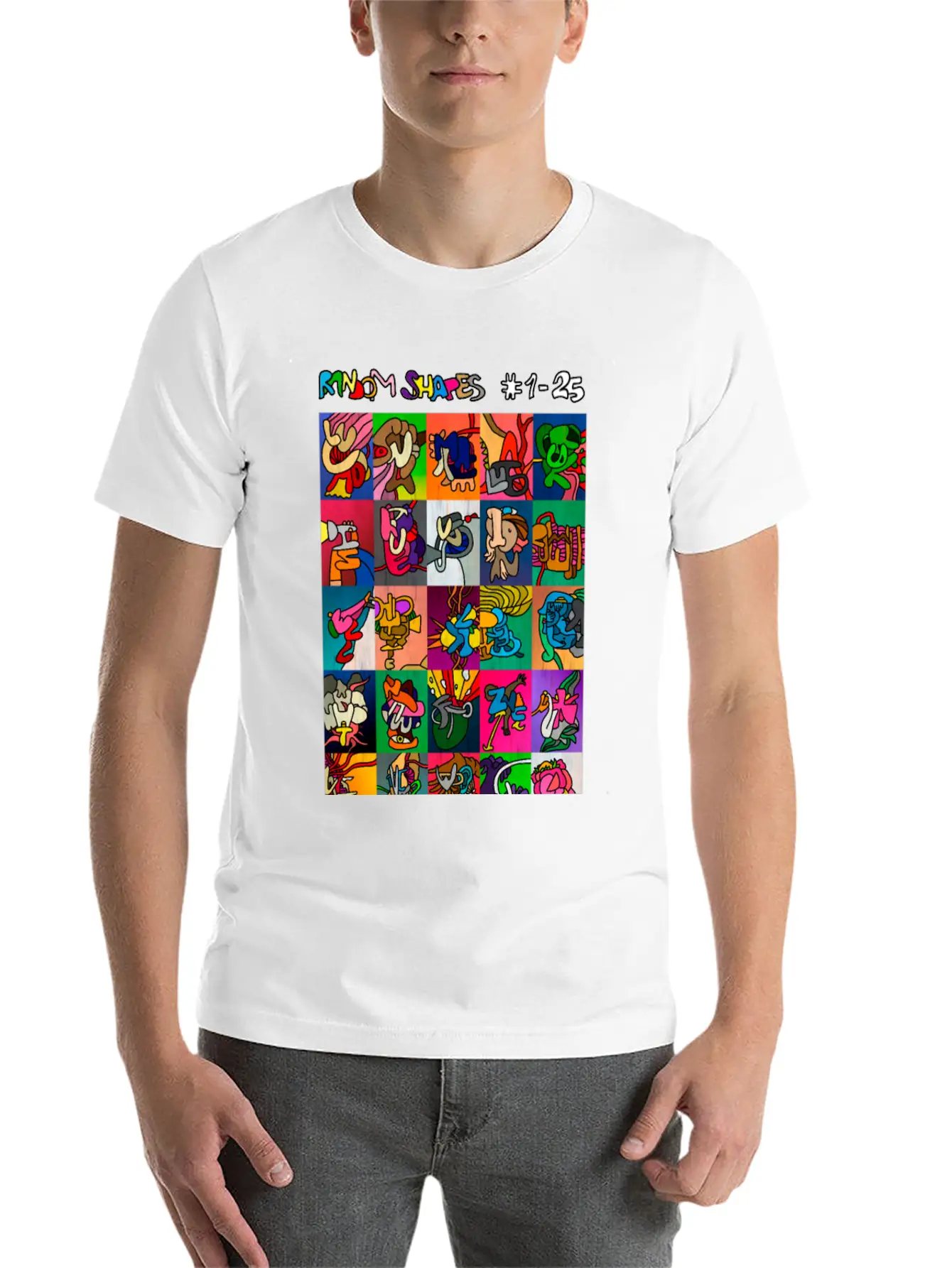 Random Shapes Collage #1-25 (with Text) Stylish Everyday T-Shirt – Unisex Basic Cotton Tee
