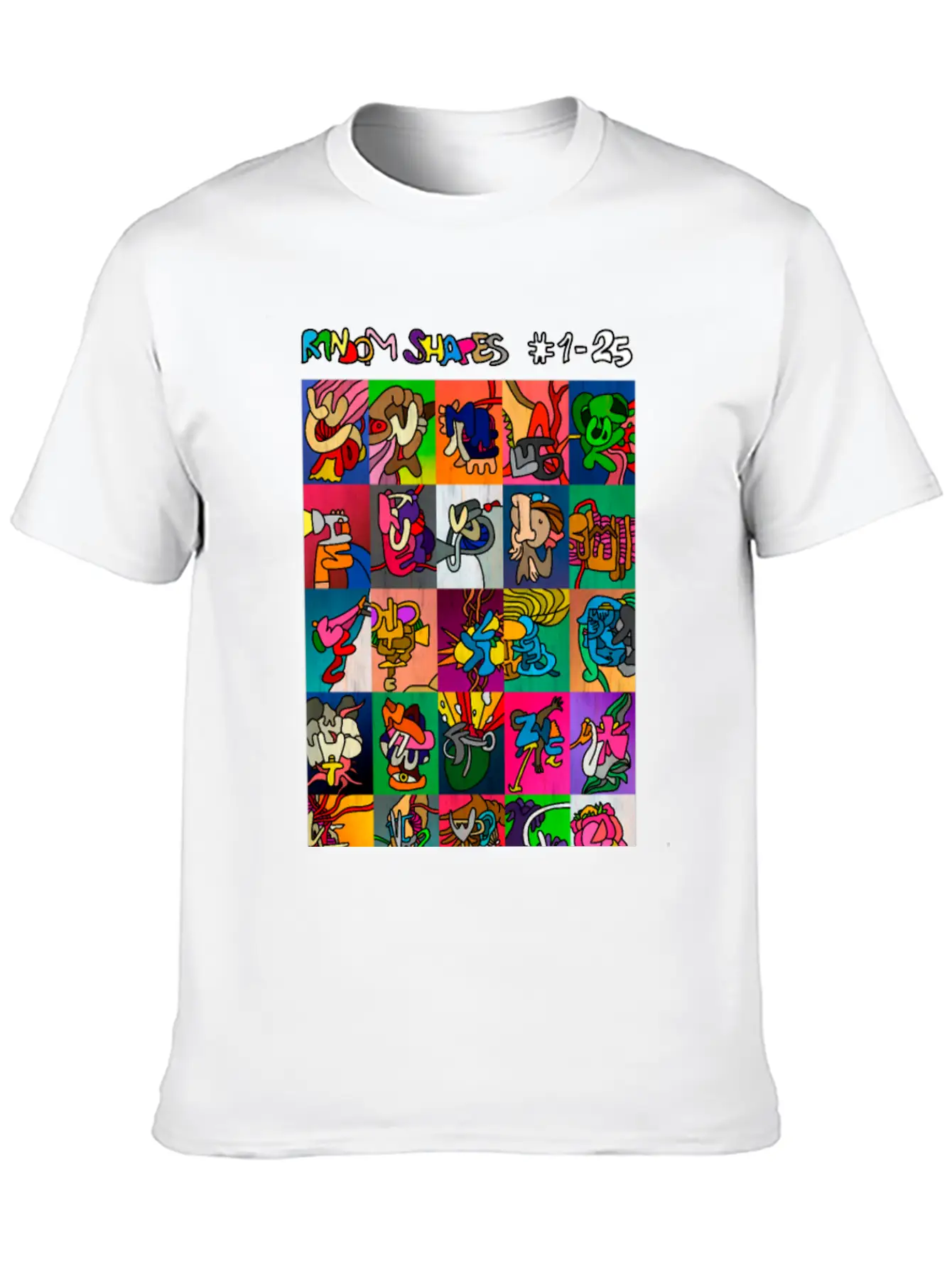 Random Shapes Collage #1-25 (with Text) Stylish Everyday T-Shirt – Unisex Basic Cotton Tee