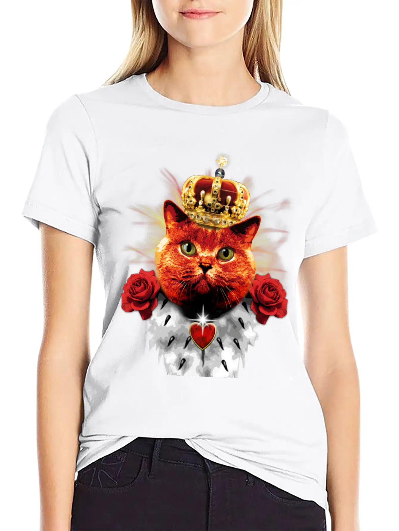 Red Cat King Queen Crown Roses Love Heart Comfortable Minimalist Graphic Tee – Summer Style Essential
