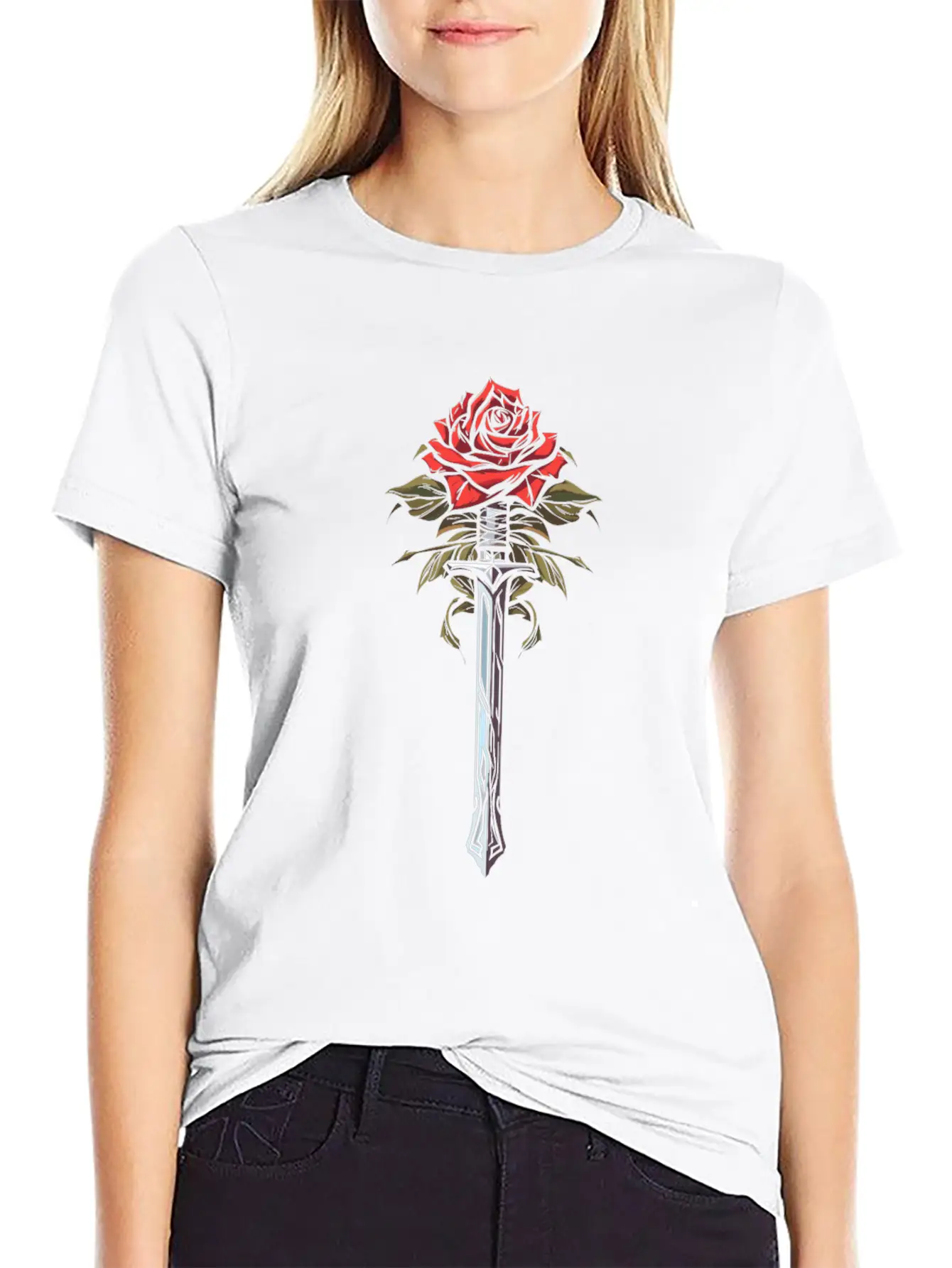 Red Rose Goth Sword Unisex Short Sleeve Soft Cotton T-Shirt – Casual Everyday Wear