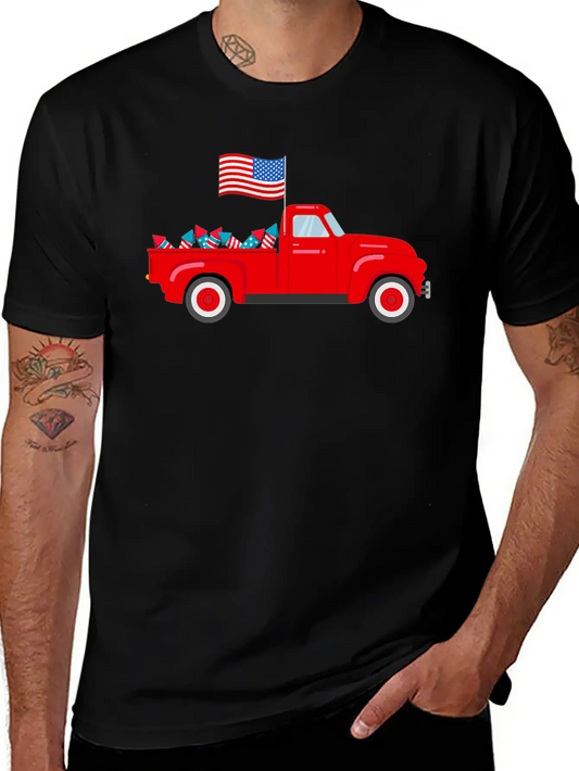 Red Truck 4th Of July American Flag Firework USA Stylish Everyday T-Shirt – Unisex Basic Cotton Tee
