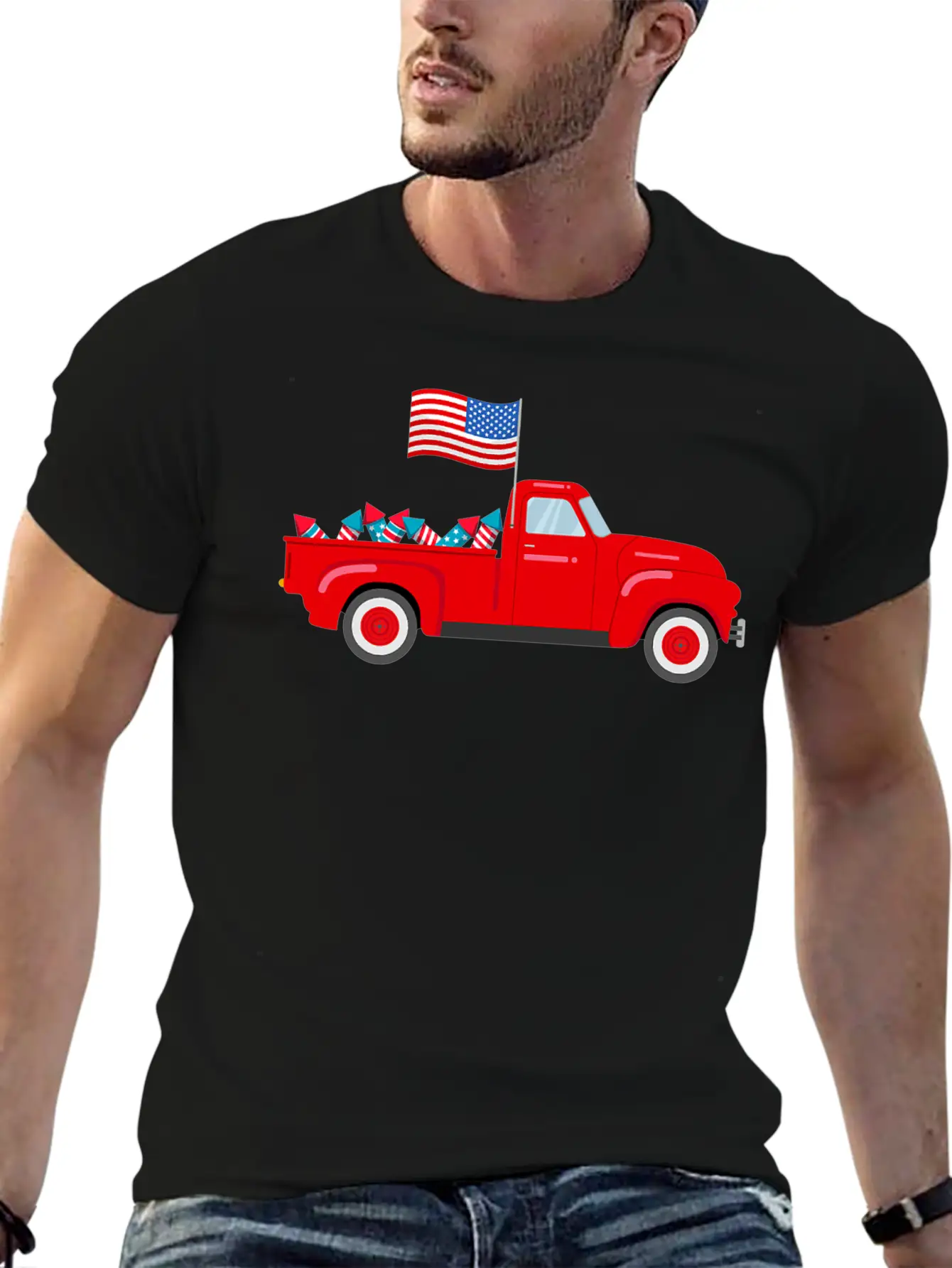 Red Truck 4th Of July American Flag Firework USA Stylish Everyday T-Shirt – Unisex Basic Cotton Tee