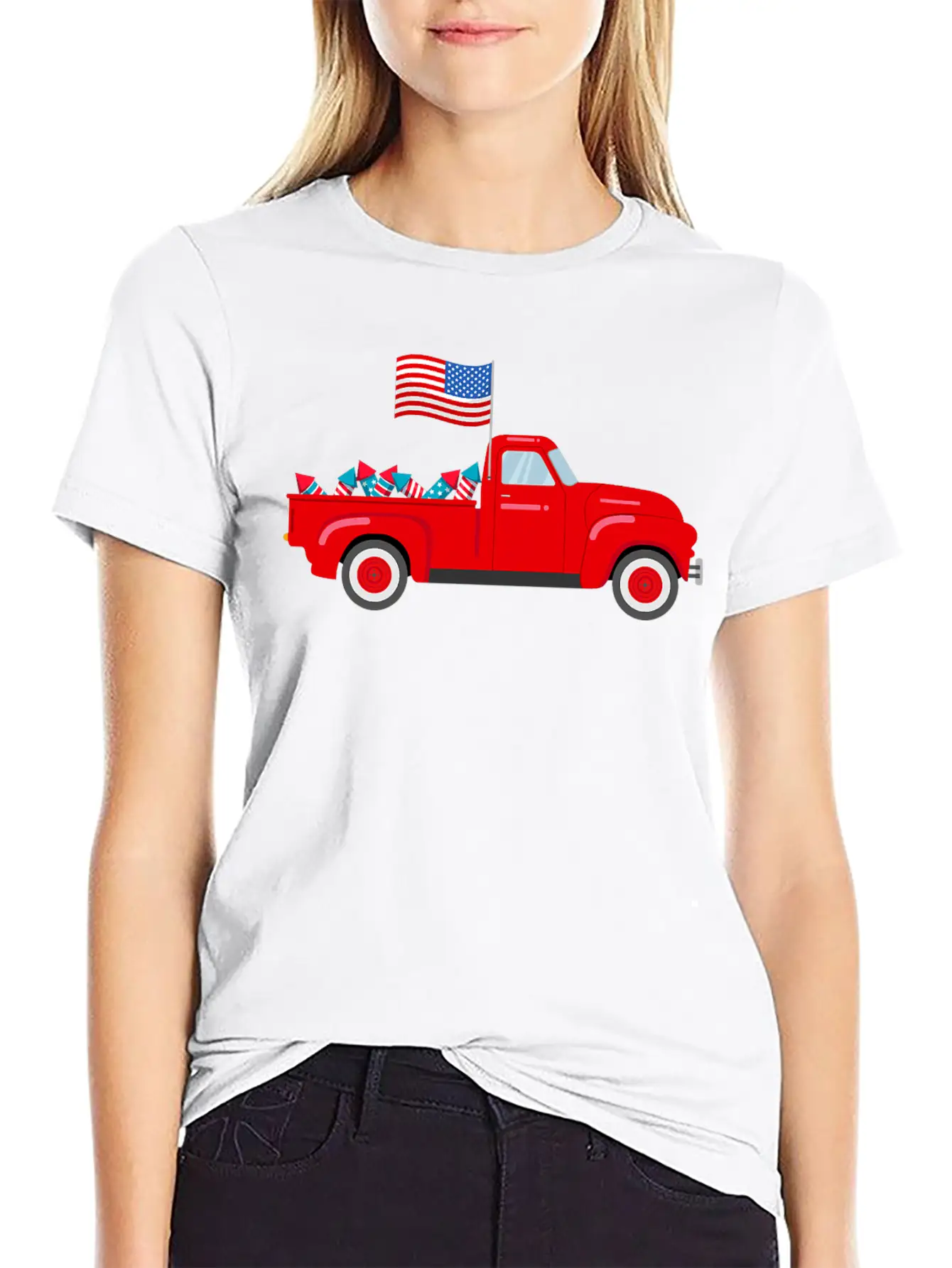 Red Truck 4th Of July American Flag Firework USA Stylish Everyday T-Shirt – Unisex Basic Cotton Tee