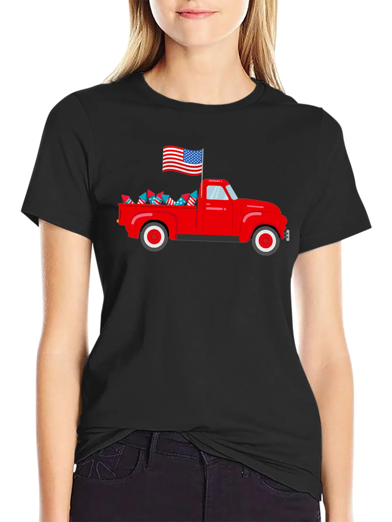 Red Truck 4th Of July American Flag Firework USA Stylish Everyday T-Shirt – Unisex Basic Cotton Tee