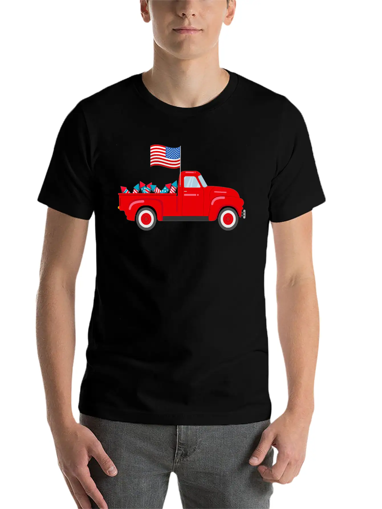 Red Truck 4th Of July American Flag Firework USA Stylish Everyday T-Shirt – Unisex Basic Cotton Tee