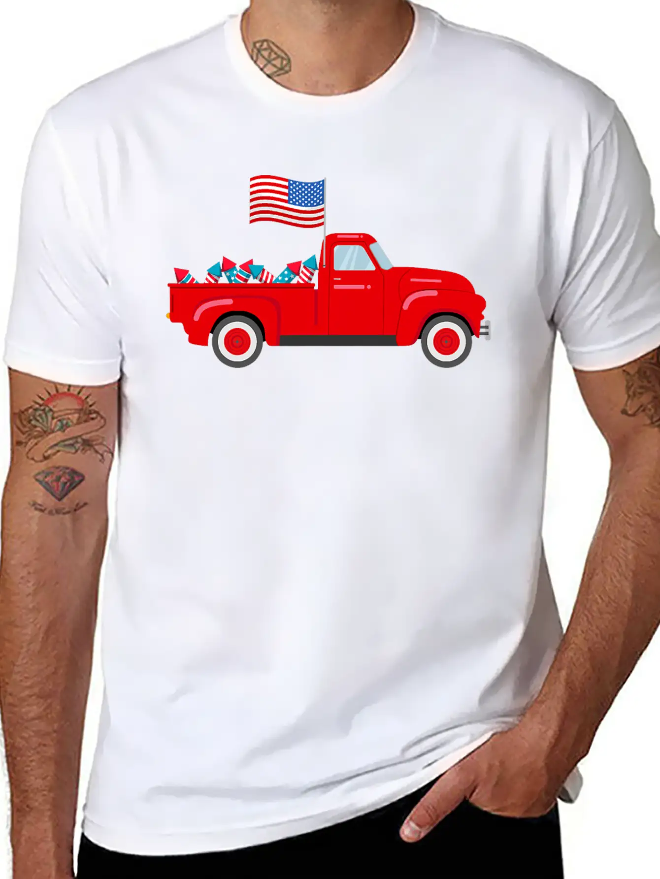 Red Truck 4th Of July American Flag Firework USA Stylish Everyday T-Shirt – Unisex Basic Cotton Tee