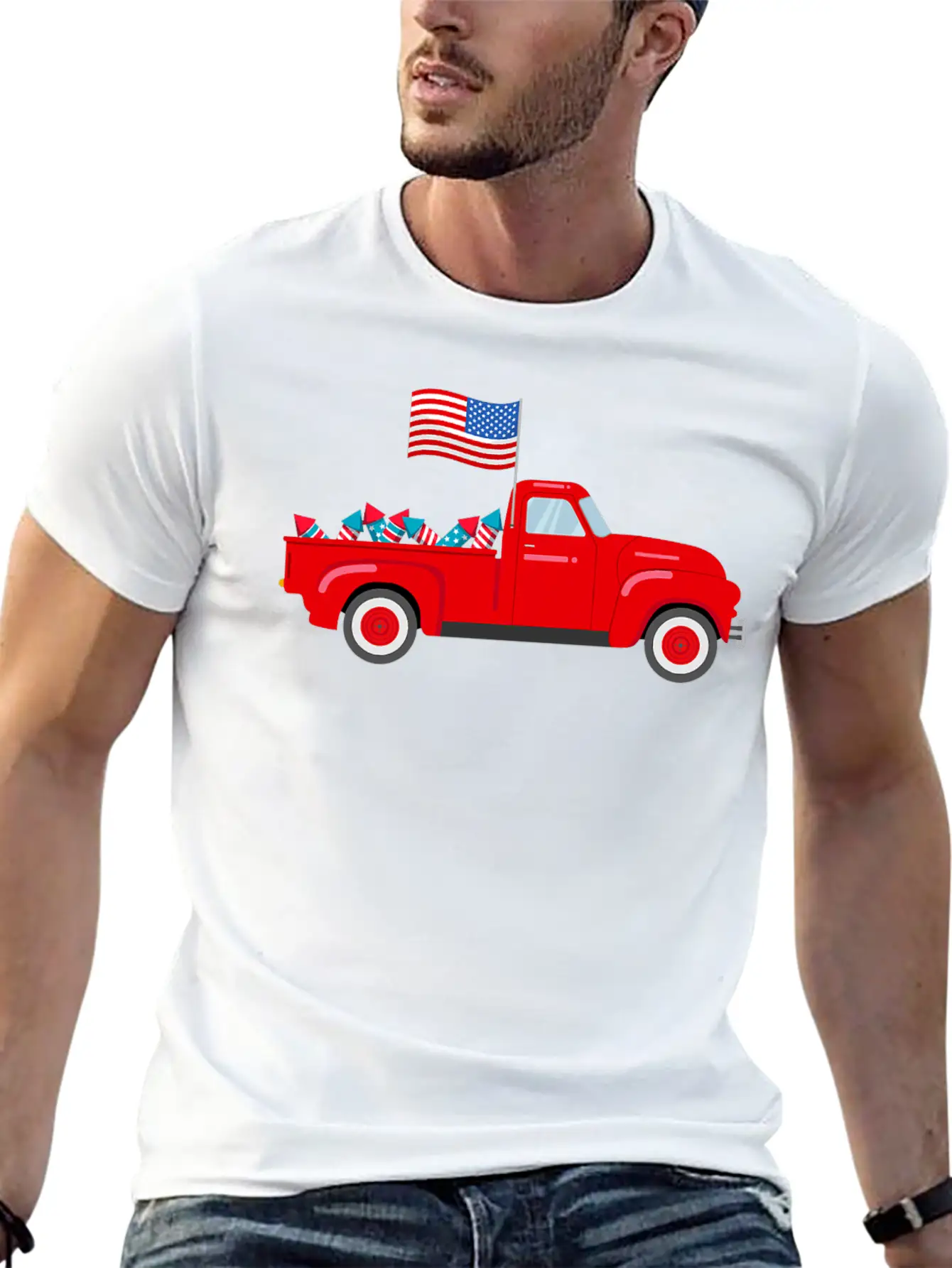 Red Truck 4th Of July American Flag Firework USA Stylish Everyday T-Shirt – Unisex Basic Cotton Tee