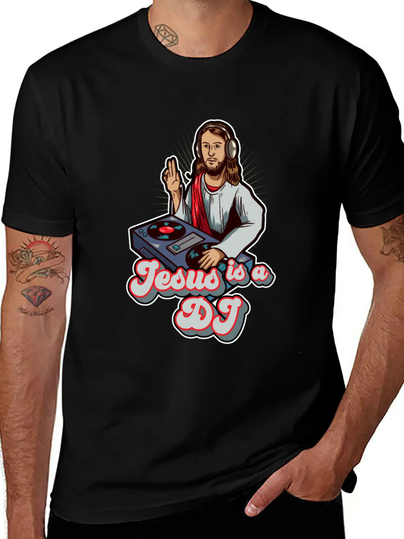 Retro Jesus Is A DJ Mixer Music Turntable Gift Stylish Everyday T-Shirt – Unisex Basic Cotton Tee