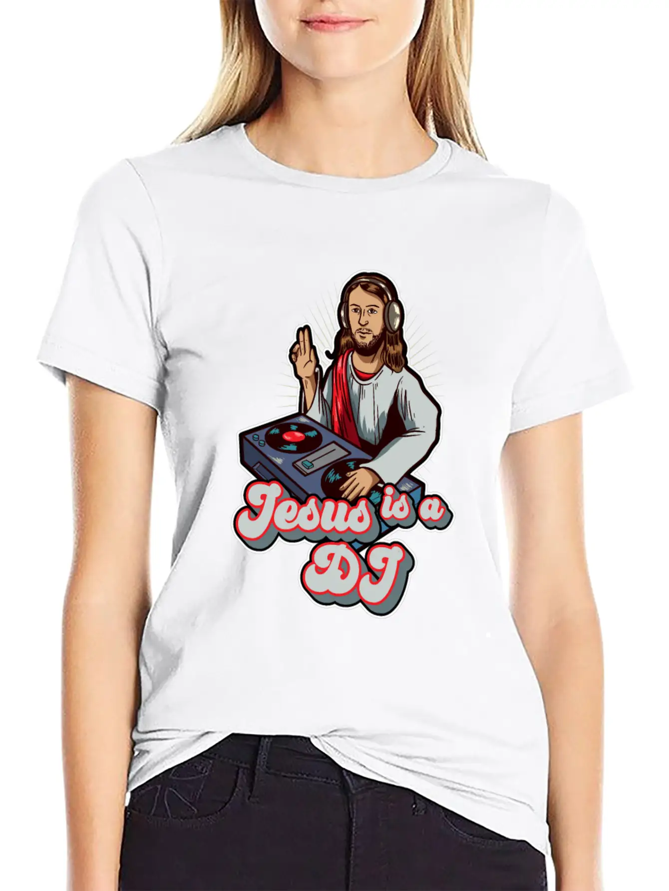 Retro Jesus Is A DJ Mixer Music Turntable Gift Stylish Everyday T-Shirt – Unisex Basic Cotton Tee