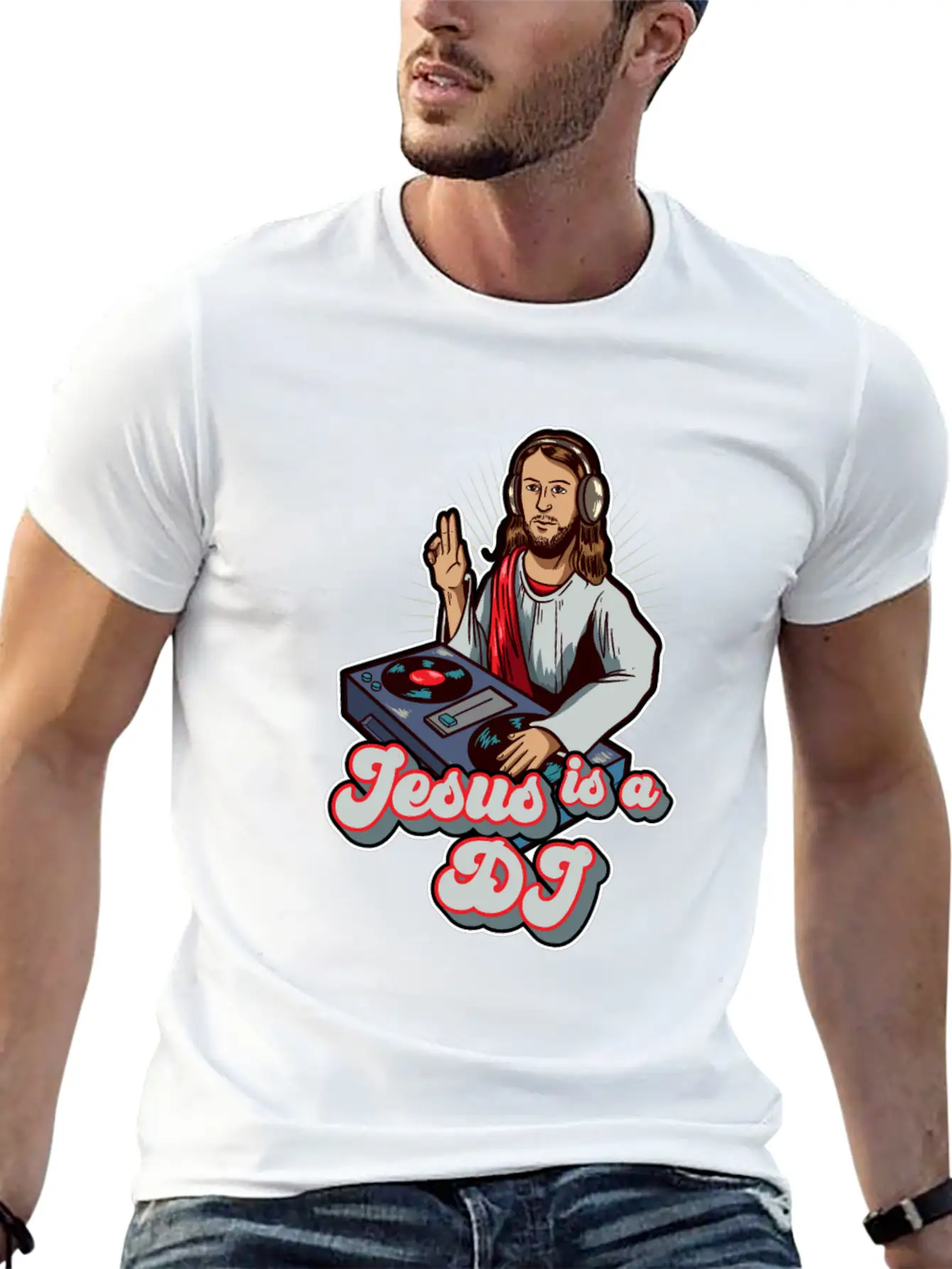 Retro Jesus Is A DJ Mixer Music Turntable Gift Stylish Everyday T-Shirt – Unisex Basic Cotton Tee
