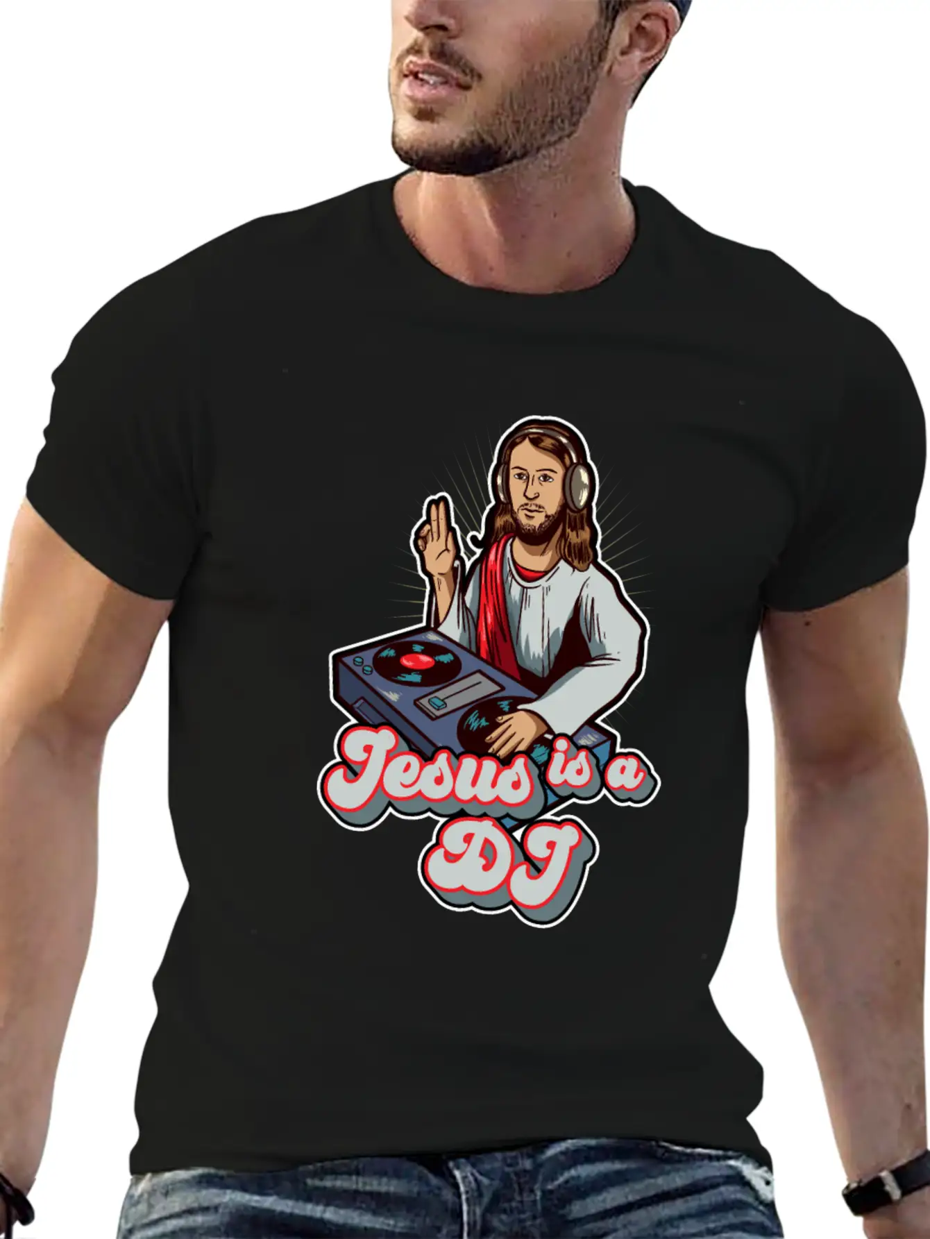 Retro Jesus Is A DJ Mixer Music Turntable Gift Stylish Everyday T-Shirt – Unisex Basic Cotton Tee