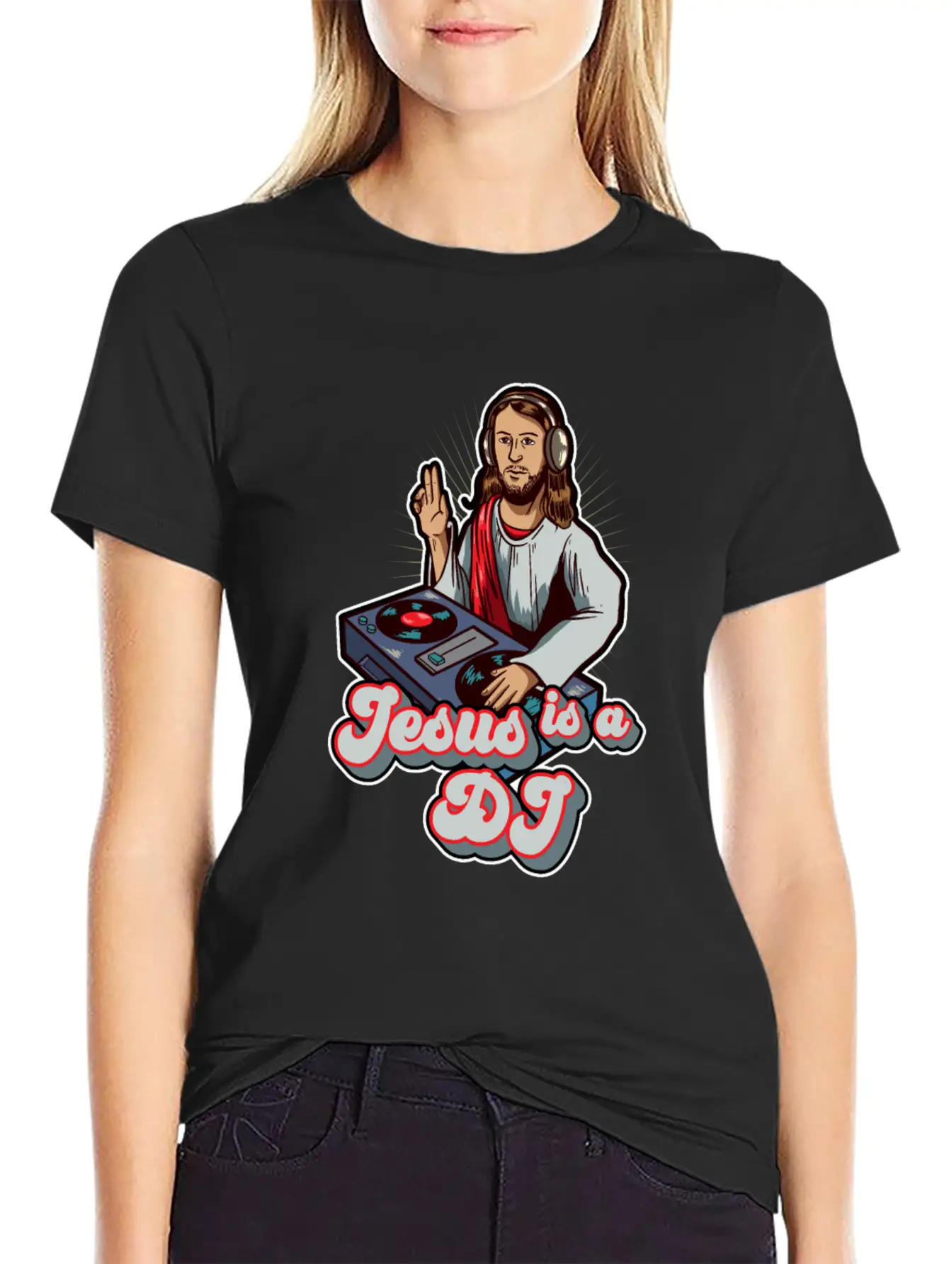 Retro Jesus Is A DJ Mixer Music Turntable Gift Stylish Everyday T-Shirt – Unisex Basic Cotton Tee