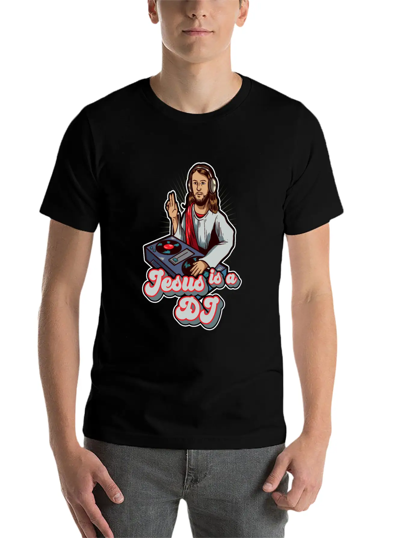 Retro Jesus Is A DJ Mixer Music Turntable Gift Stylish Everyday T-Shirt – Unisex Basic Cotton Tee