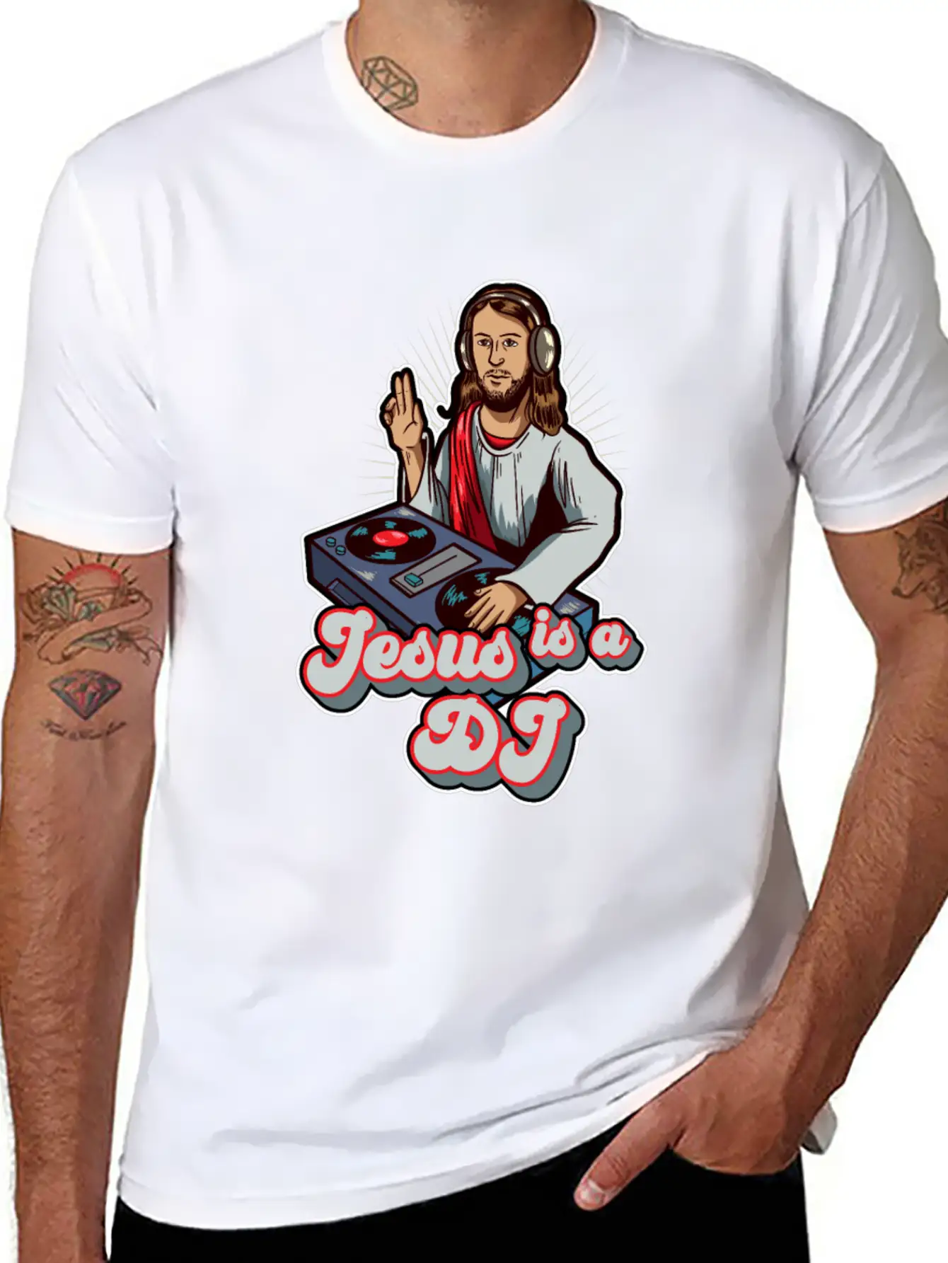 Retro Jesus Is A DJ Mixer Music Turntable Gift Stylish Everyday T-Shirt – Unisex Basic Cotton Tee