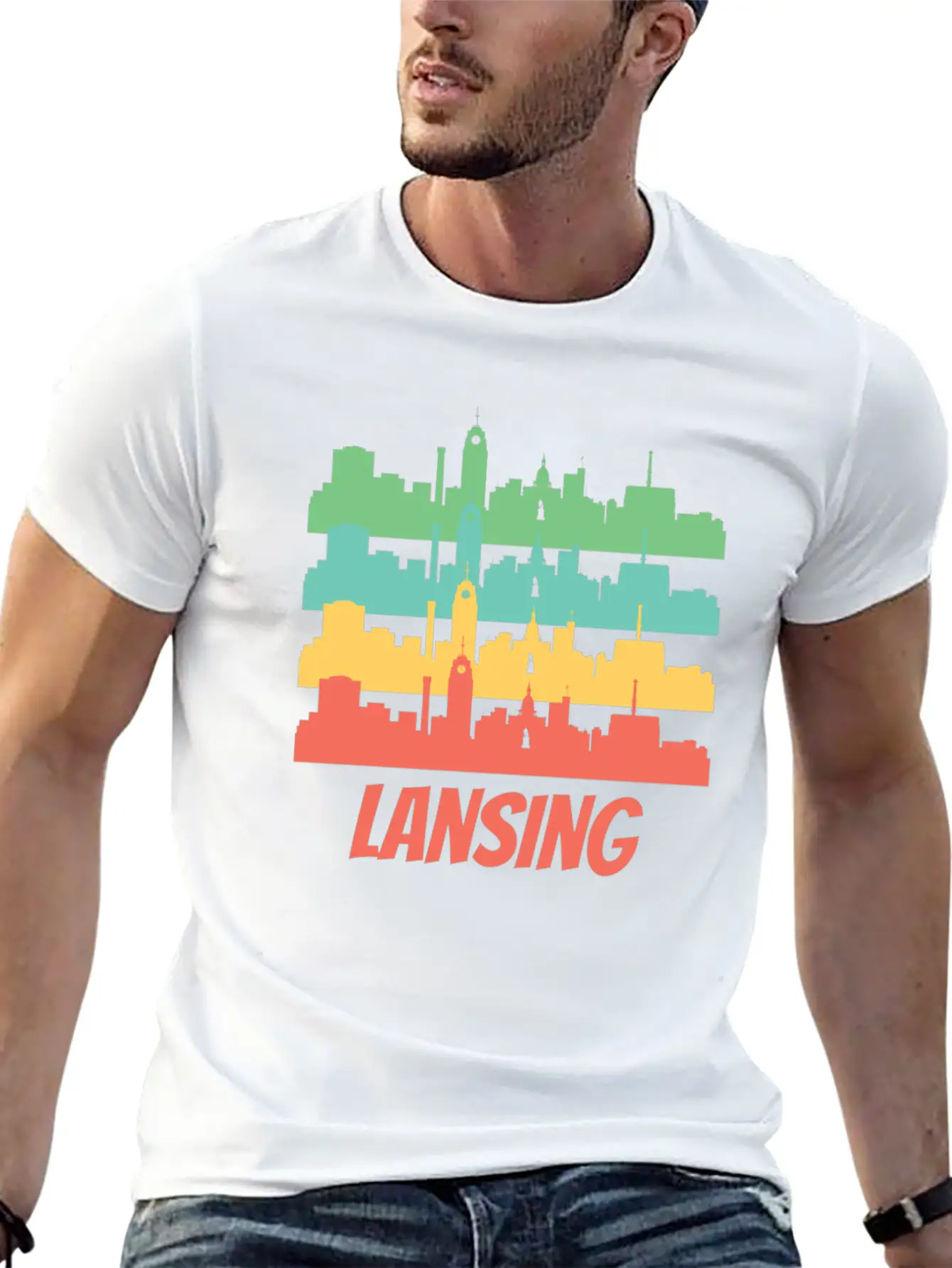 Retro Lansing MI Skyline Pop Art Essential Unisex Summer Tee – Soft Cotton Casual Fit
