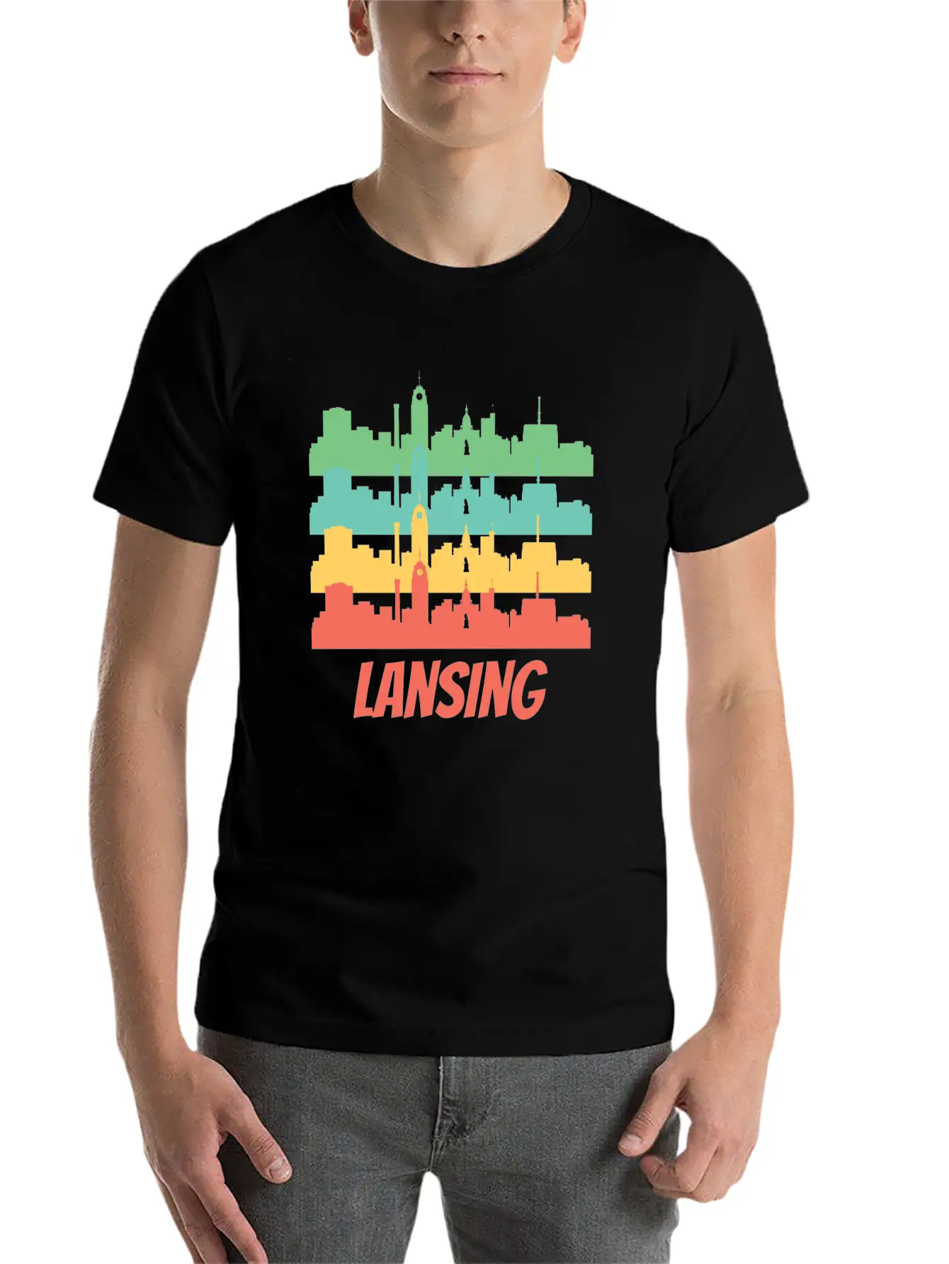 Retro Lansing MI Skyline Pop Art Essential Unisex Summer Tee – Soft Cotton Casual Fit