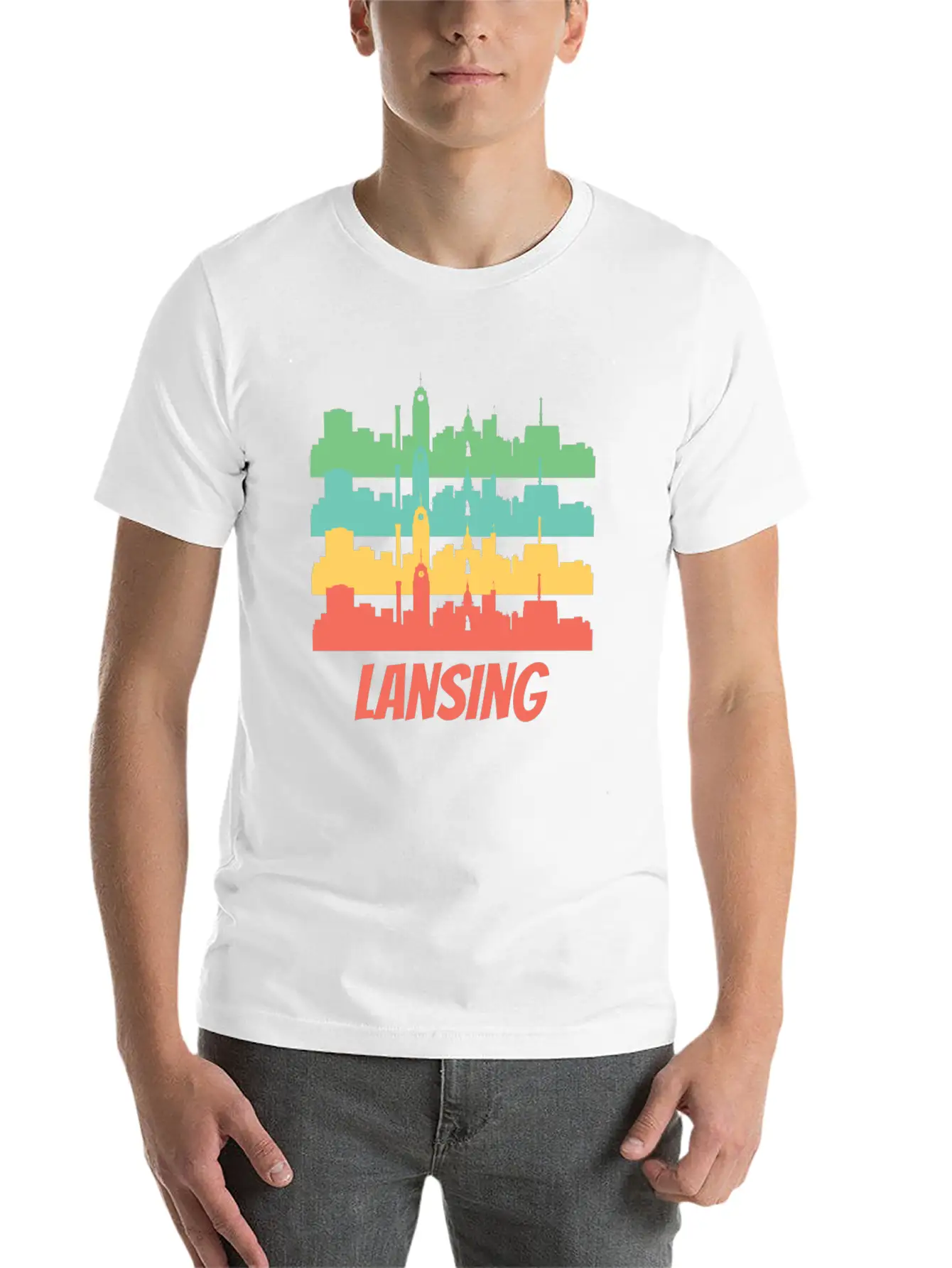 Retro Lansing MI Skyline Pop Art Essential Unisex Summer Tee – Soft Cotton Casual Fit