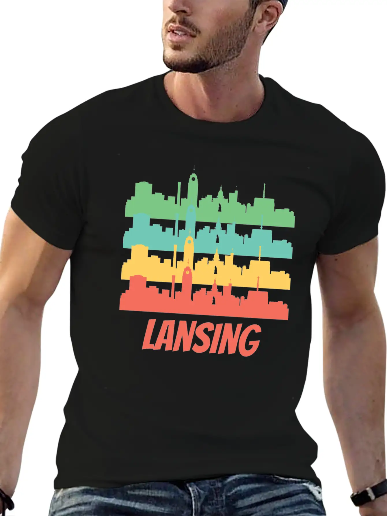 Retro Lansing MI Skyline Pop Art Essential Unisex Summer Tee – Soft Cotton Casual Fit