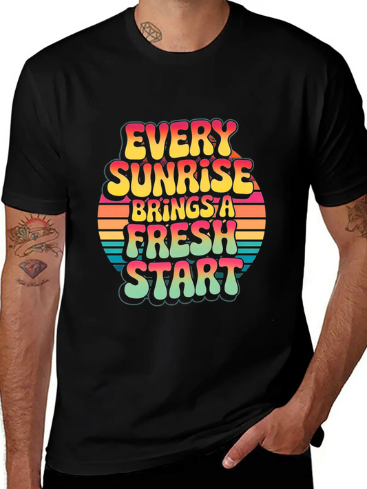 Retro Sunrise Fresh Start Quote Design Essential Unisex Summer Tee – Soft Cotton Casual Fit