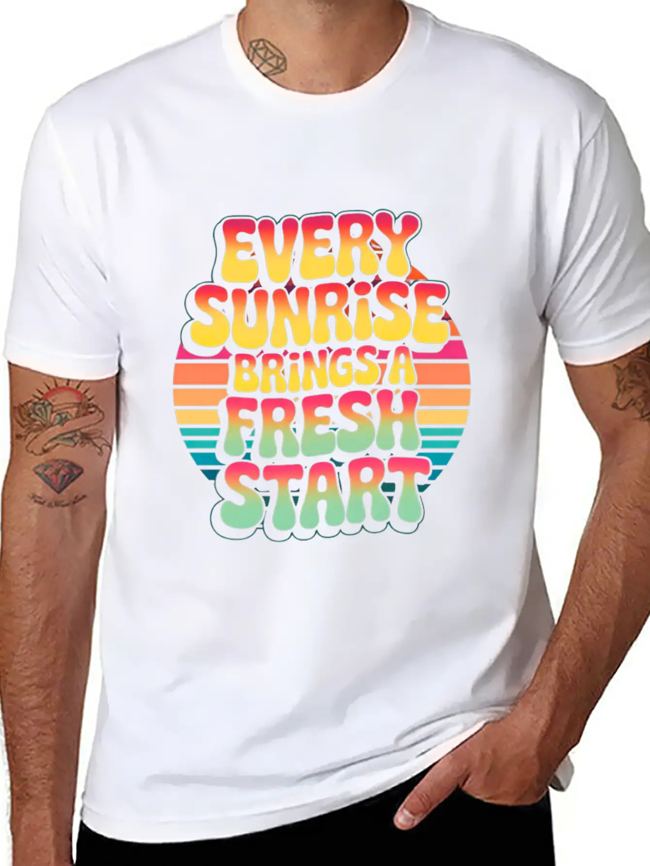 Retro Sunrise Fresh Start Quote Design Essential Unisex Summer Tee – Soft Cotton Casual Fit