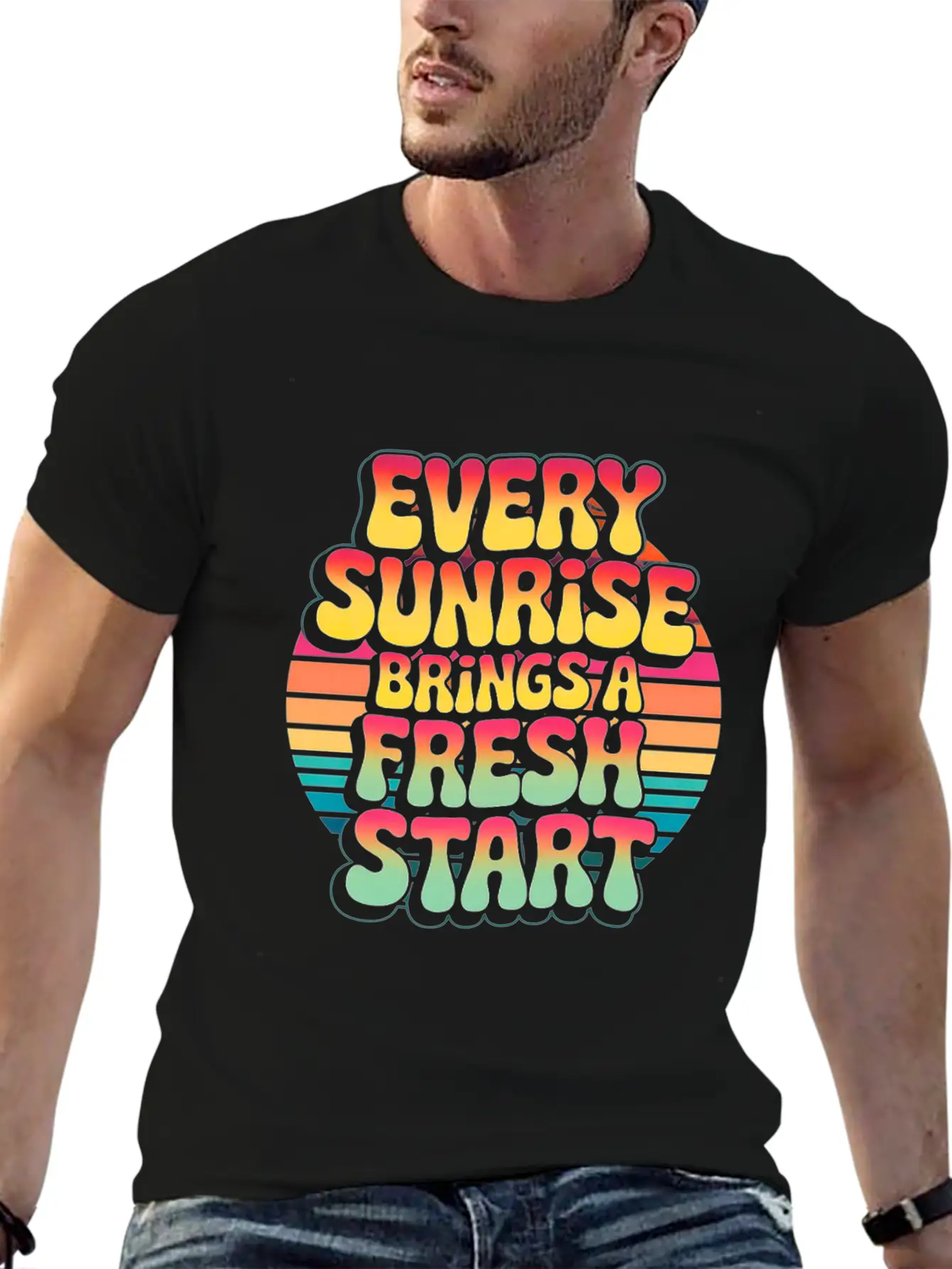 Retro Sunrise Fresh Start Quote Design Essential Unisex Summer Tee – Soft Cotton Casual Fit