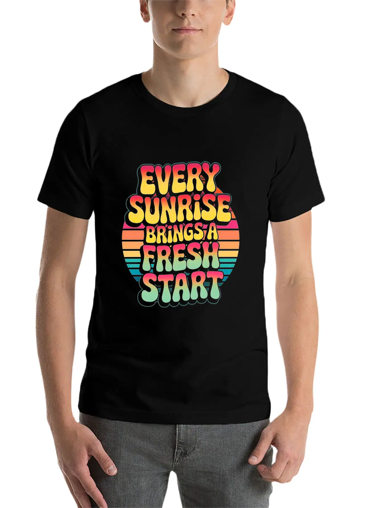 Retro Sunrise Fresh Start Quote Design Essential Unisex Summer Tee – Soft Cotton Casual Fit