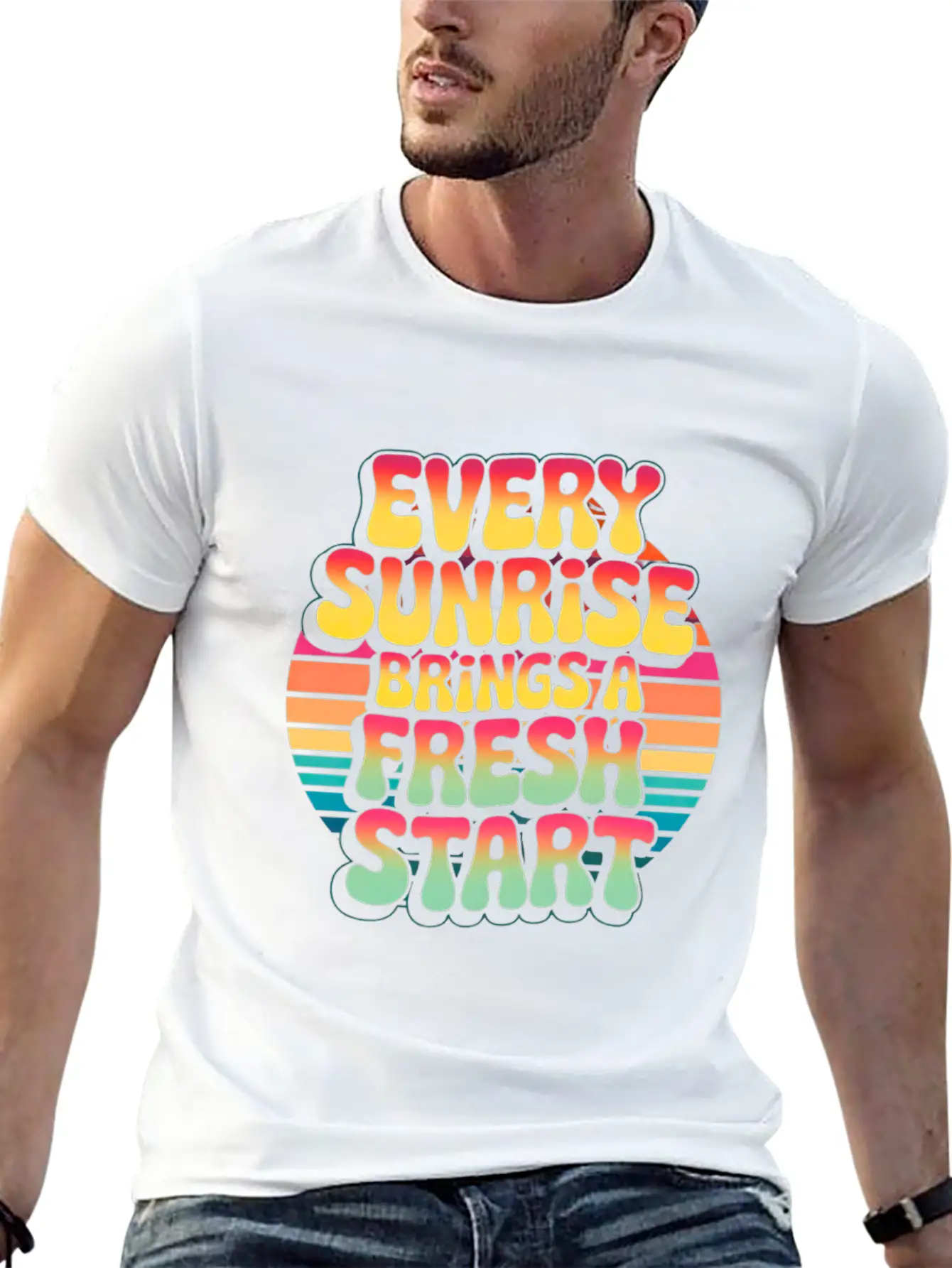 Retro Sunrise Fresh Start Quote Design Essential Unisex Summer Tee – Soft Cotton Casual Fit