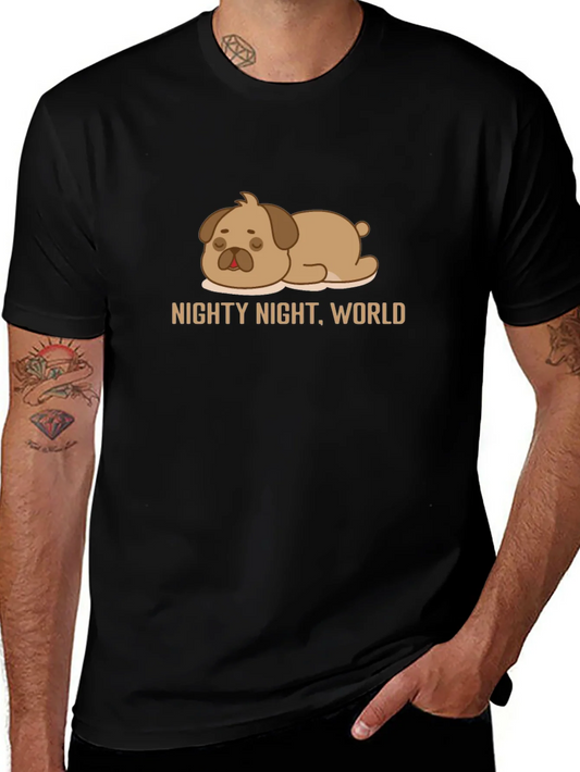 Nighty Night World Black T-Shirt with Cute Sleeping Dog Graphic