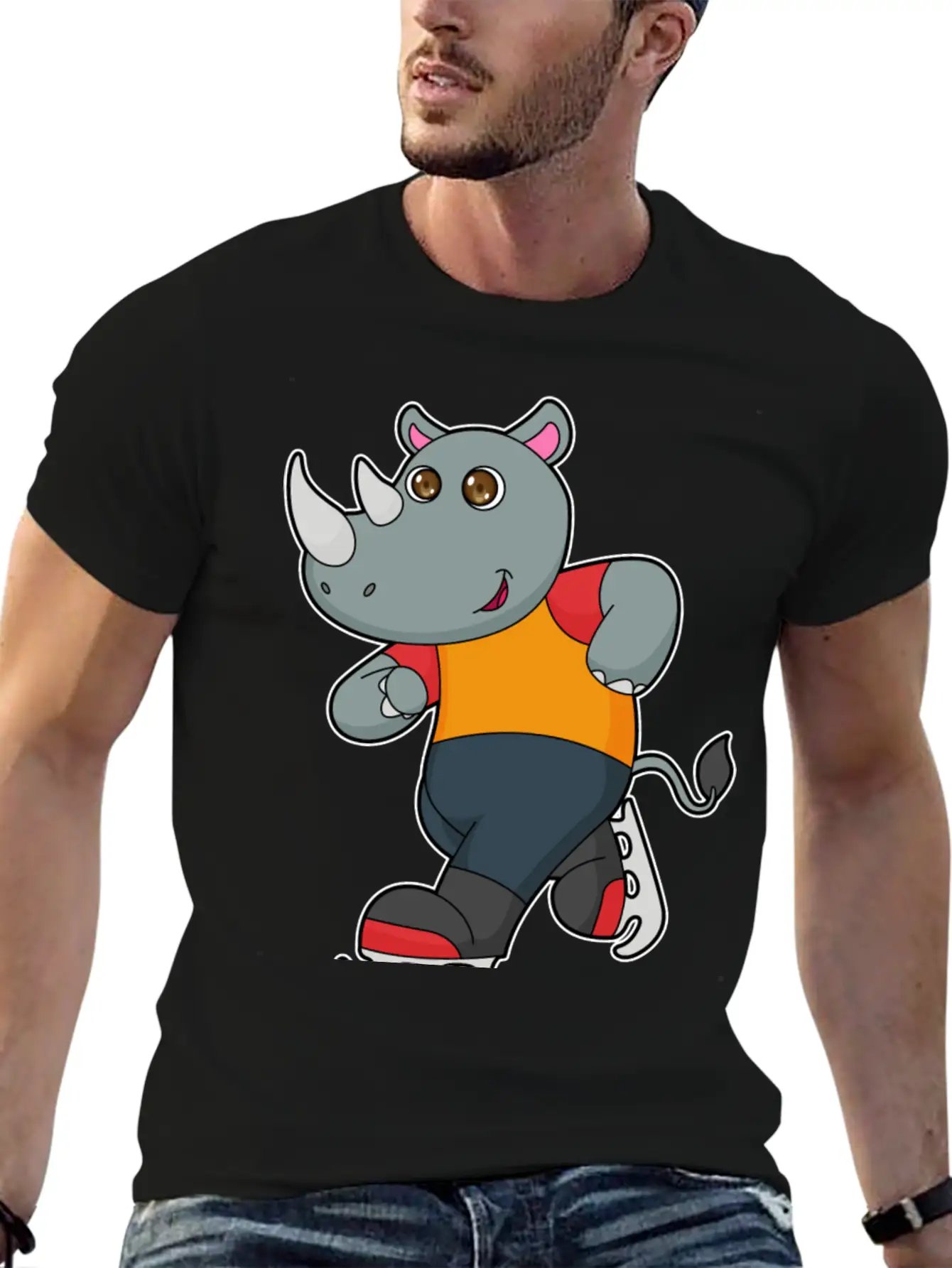 Rhino At Ice Skating With Ice Skates Basic Graphic T-Shirt – Daily Comfort In Soft Cotton