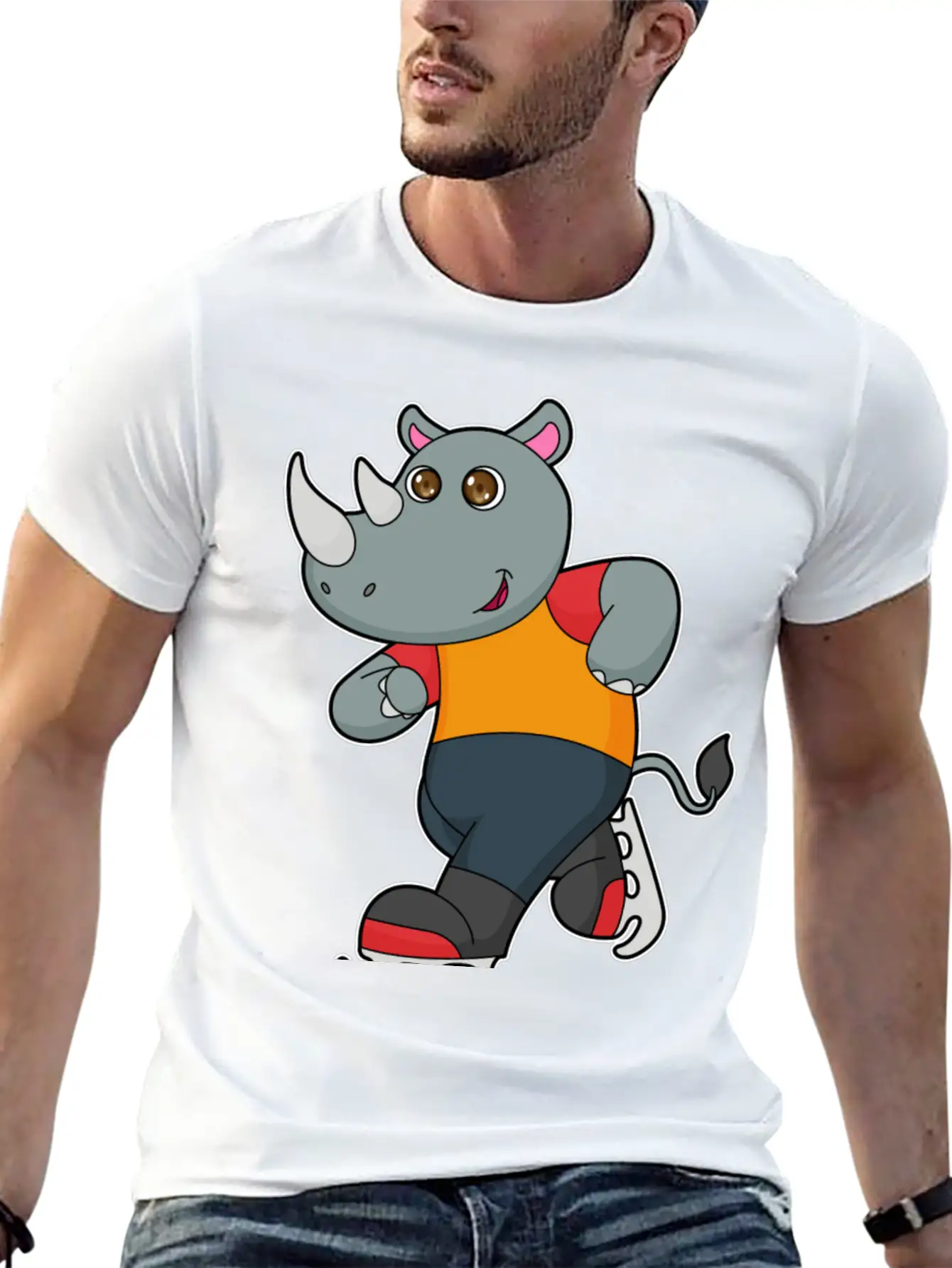 Rhino At Ice Skating With Ice Skates Basic Graphic T-Shirt – Daily Comfort In Soft Cotton